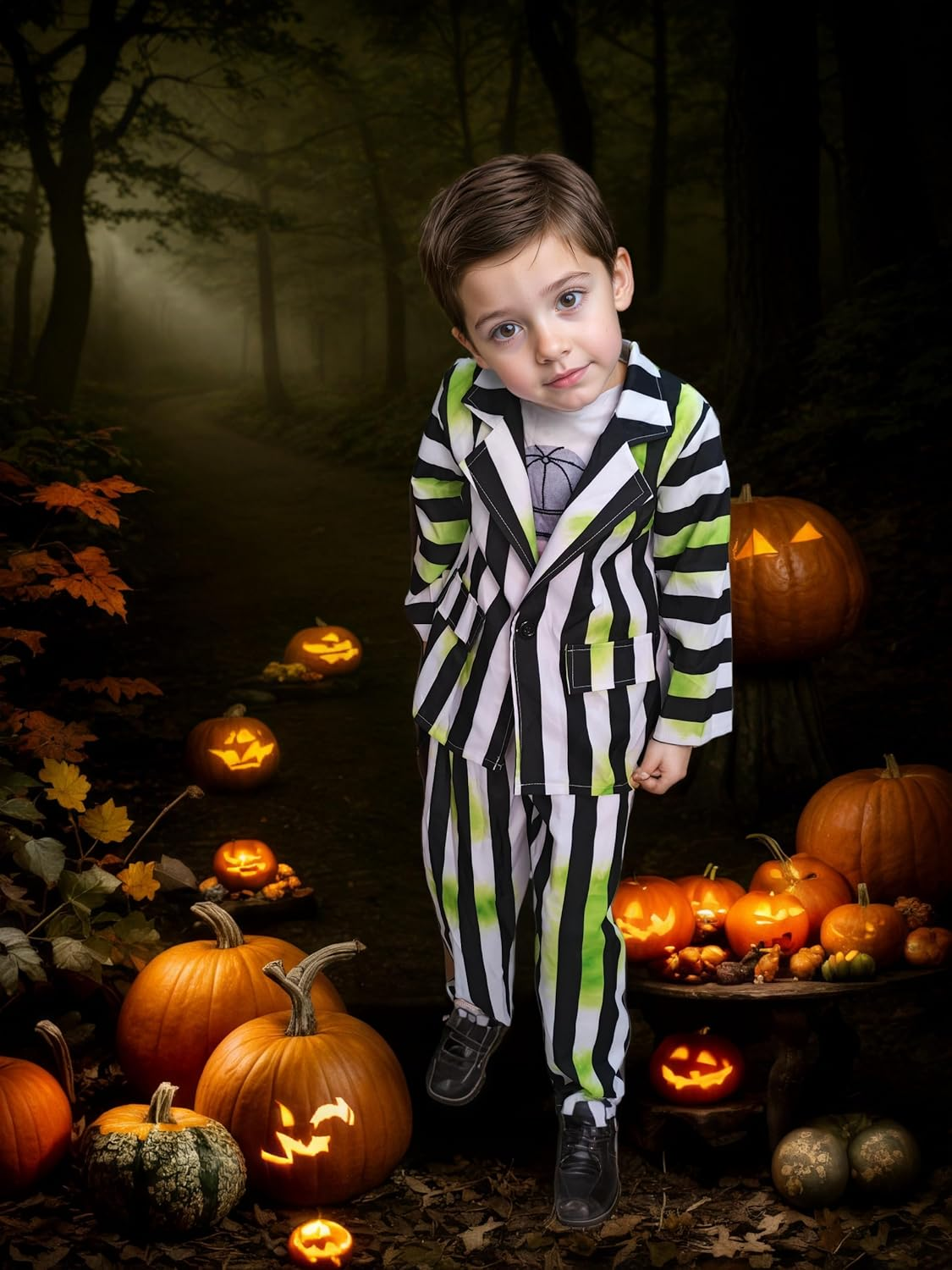 Beetlejuice Costume Kids Black and White Striped Suit Halloween Costumes Jacket Pants image number 5