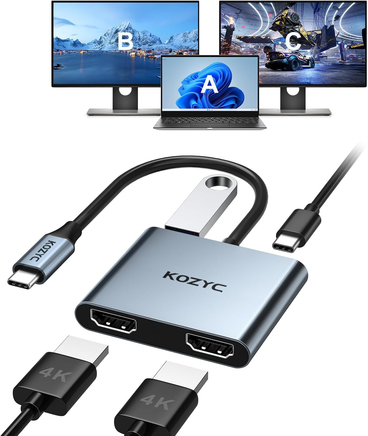 USB C to Dual HDMI Adapter 4K@30Hz, KOZYC USB C Hub with 2Xhdmi, USB 3.0, 100W PD, USB-C to HDMI Splitter Extended Display for Windows(Mst), Macos(Only SST), Compatible with Macbook Pro/Air, Dell XPS image number 2