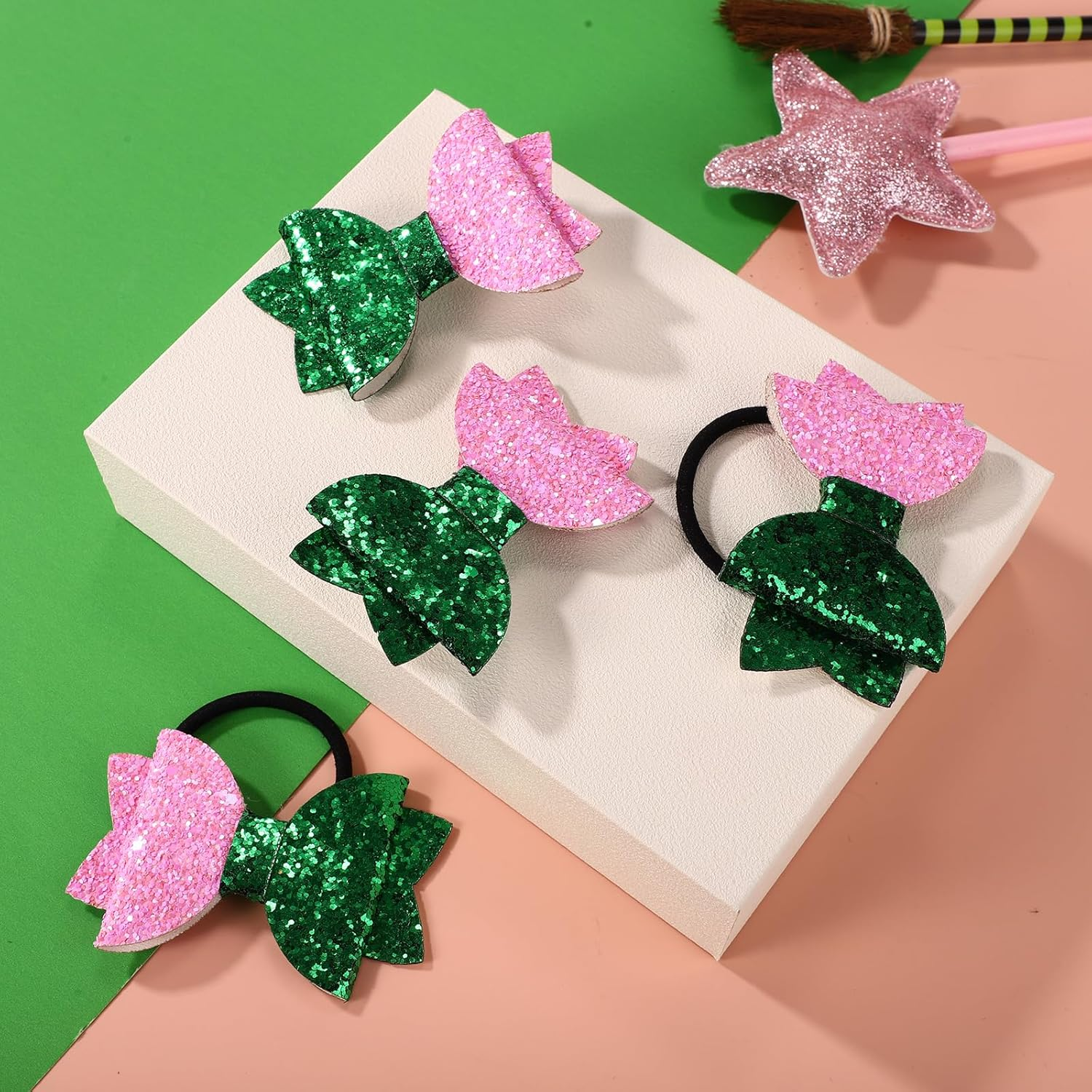 SAVITA 4Pcs Hair Accessories, Include 2Pcs Pink Glitter Bow Hair Ties and 2Pcs Glitter Bow Barrettes Halloween Outfit Accessories Fans Bowknot Gifts for Female Women Girls image number 3
