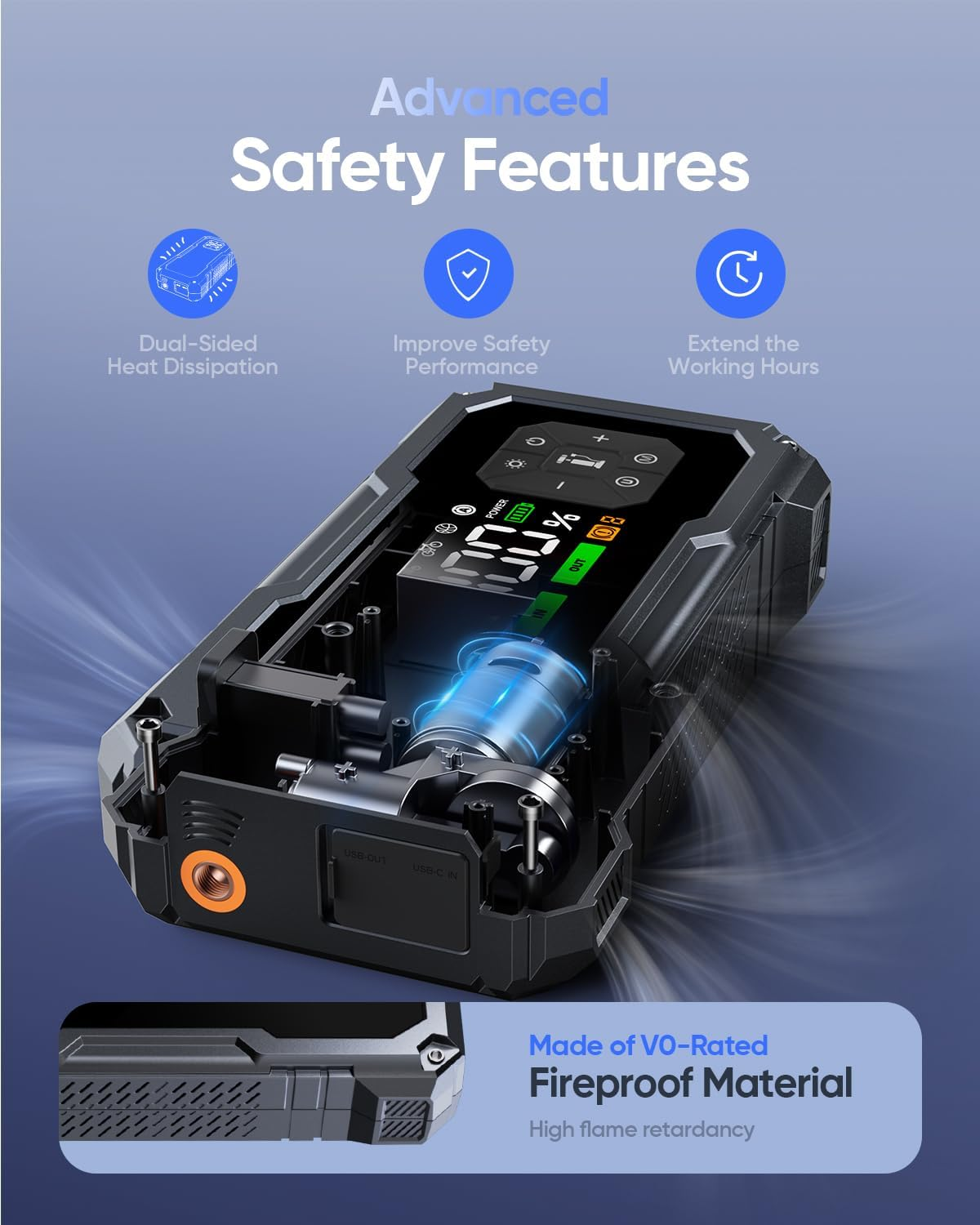 Car Jump Starter with Air Compressor, Biubox 4500A 150PSI Portable Car Battery Jump Starter for 10L Gas /9L Diesel, 12V Car Jump Starter Power Bank Charger with Tyre Inflator, LED Display, 500Lm Light image number 2