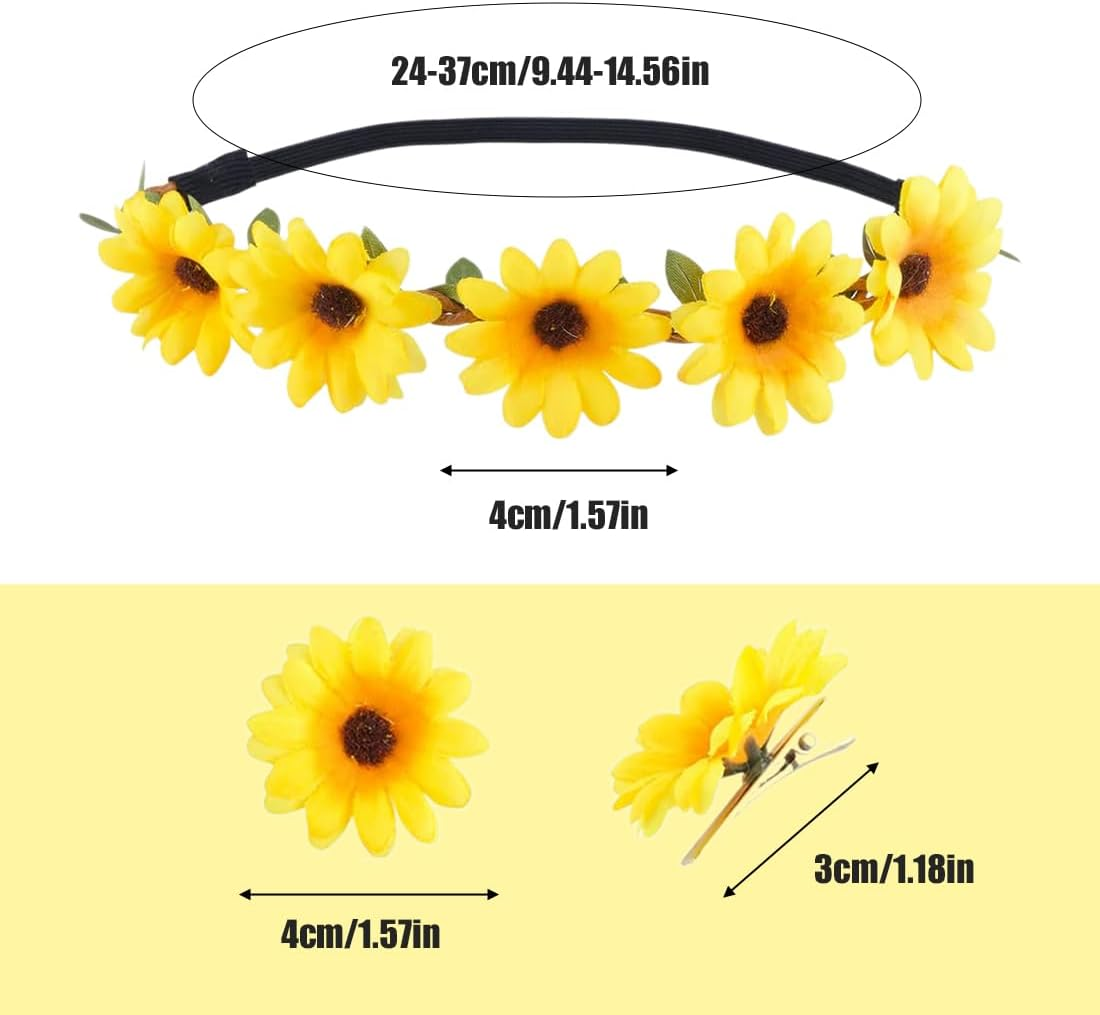 EYVRPAU 10 Hair Clips Flower Hair Band Sunflowers Headband Goose Flowers Hair Accessories Headband Flower Wreath Headdress Women Girls Beach Wedding Travel Carnival Party (Yellow) image number 1