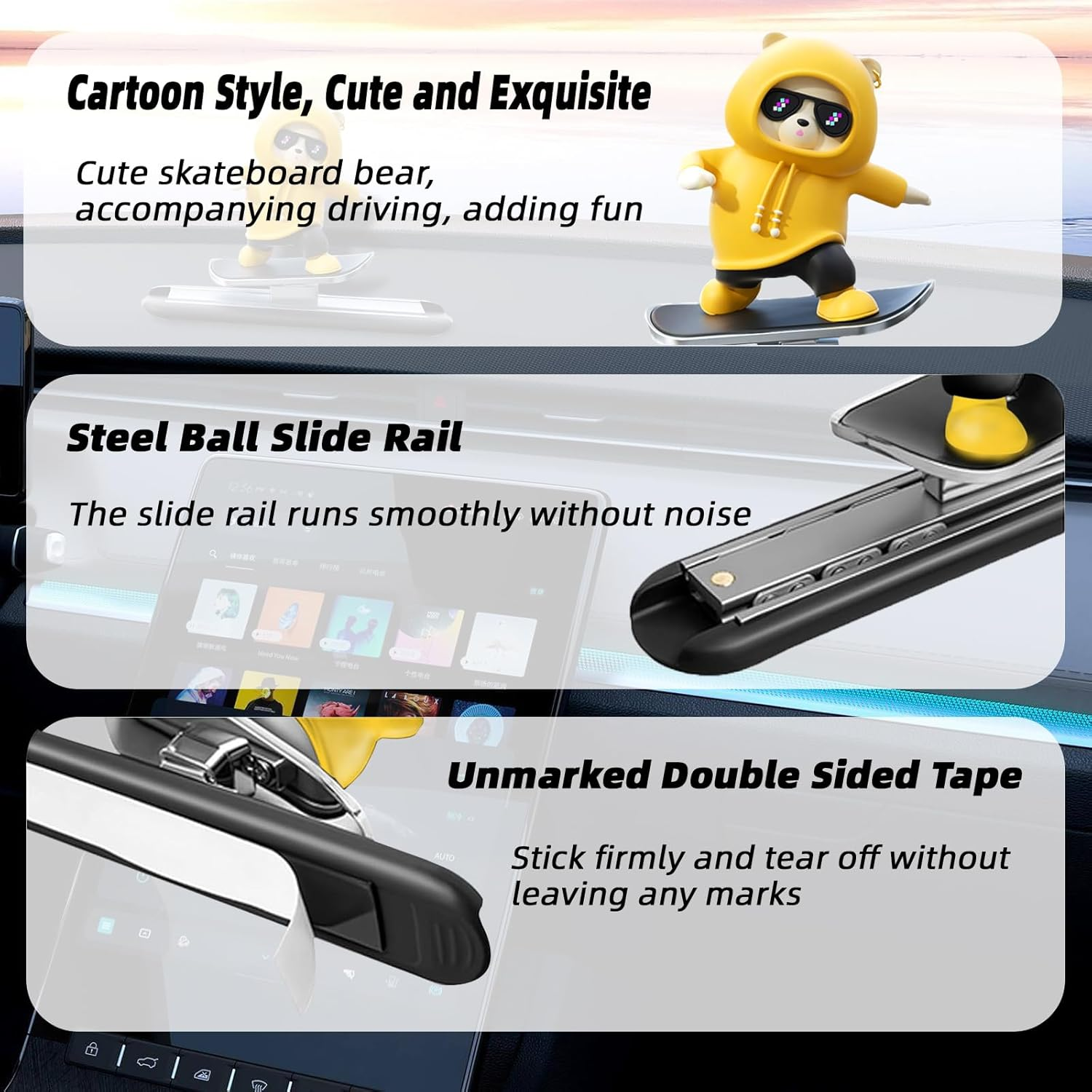 Valentine Gifts for Men,Yellow Skateboard Bear Car Decor Bobblehead Car Dashboard,Yescoo Car Dashboard Accessories,Funny Cut Gifts for Women Men Boyfriend Girlfriend Car Swinging Ornament - Universal image number 2