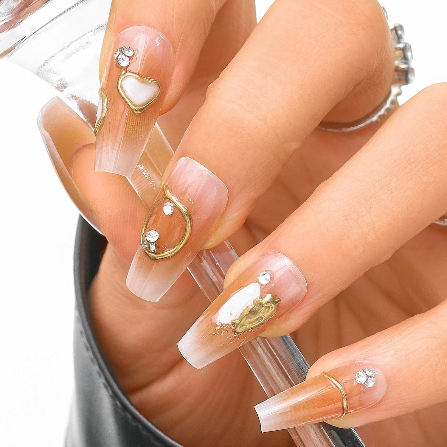 Sethexy Brown Long Coffin Nails Print Colour Gradient Glitter Shiny False Nails with Design 24 Pieces Full Cover Art False Nails for Women and Girls (10) image number 6