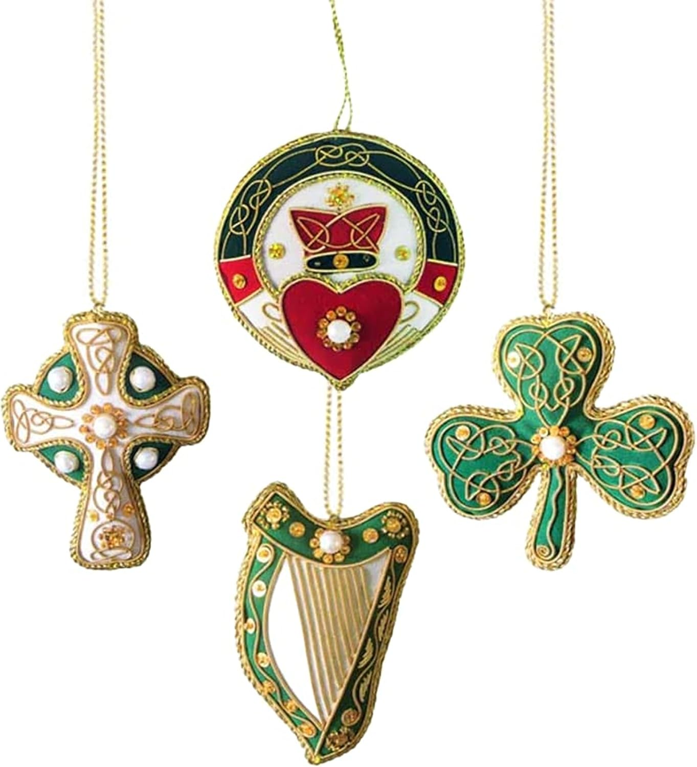 Royal Tara Irish Hanging Christmas Tree Ornaments Velvet Decoration Set 4Pcs- Gold Thread