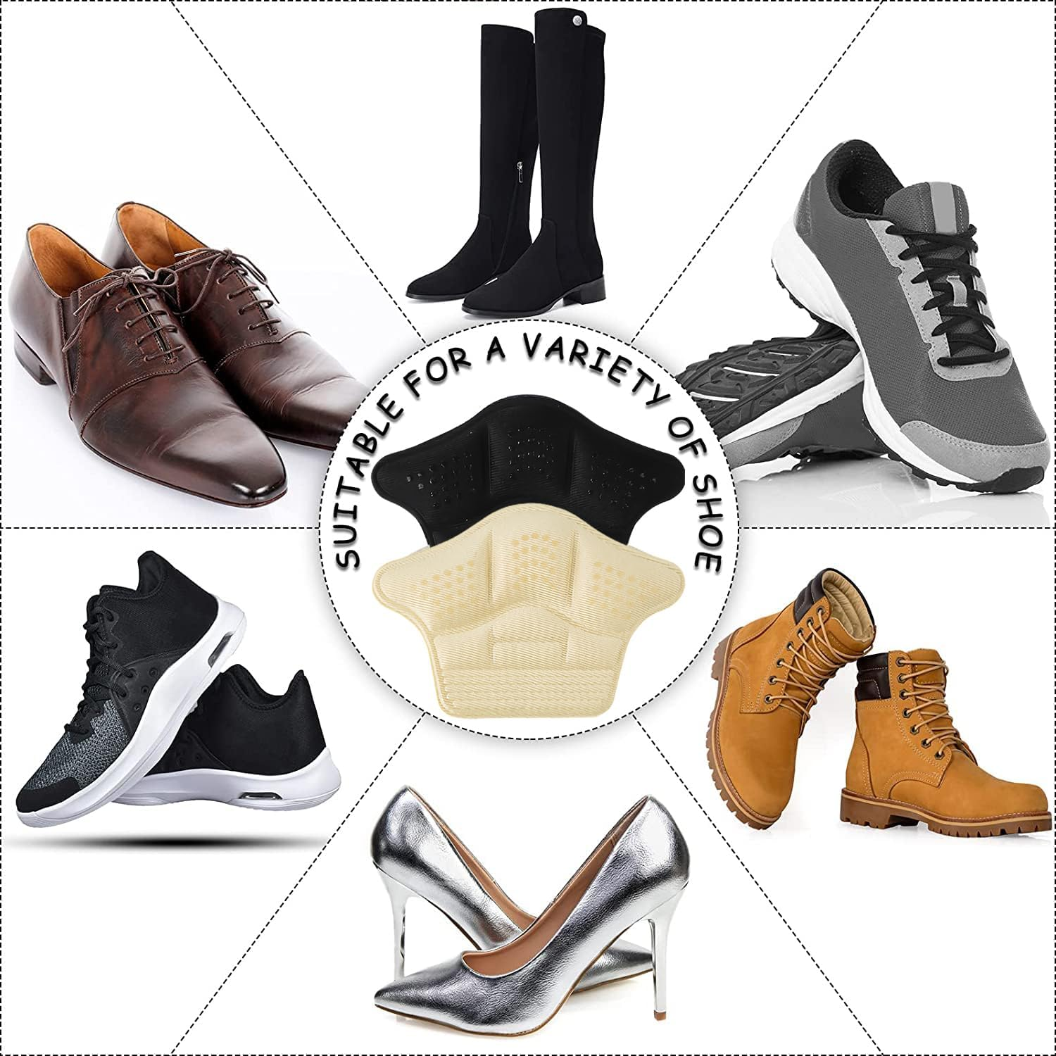 YBVABE Heel Cushion Inserts - 8Pieces Heels Grip Anti-Slip Leather Shoe Pads with Silicone Dots, Reusable Adhesive Thick Back Insoles for Boots & Sports Shoes, Heel Blister Protectors for Women & Men, Ideal for Loose Shoes (8 Beige) - Blackbeige image number 4