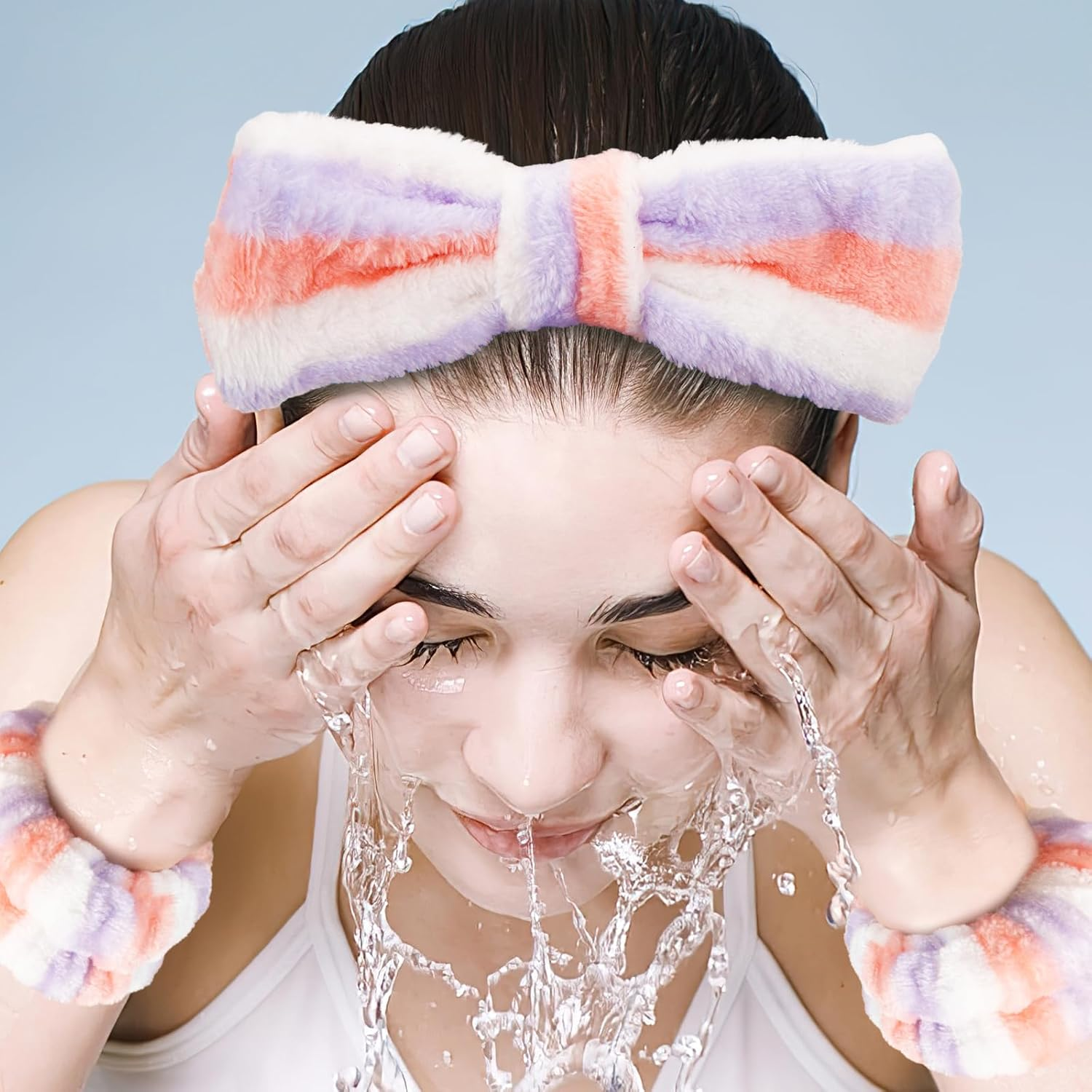 Shindel 6PCS Face Wash Headband Set, Makeup Wash Headbands with Wristbands Coral Fleece Bow Hair Bands for Women Spa Skin Care Yoga image number 6