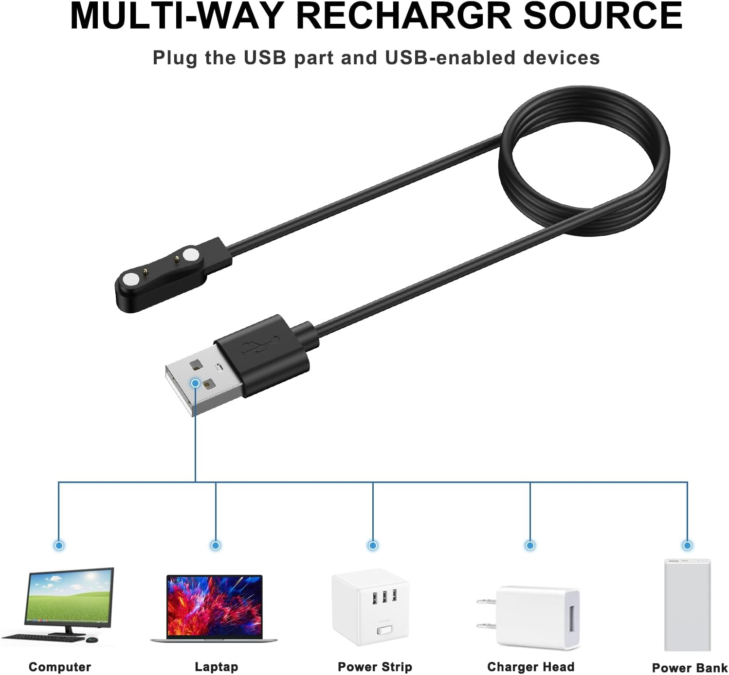 Smart Watch Universal Charger 2 Pin Magnetic, Smartwatch Accessories 2 Pin Magnetic Suction Charger for Smart Watch/Fitness Tracker, Cable Contact Pin Spacing Compatible 7.62Mm image number 3