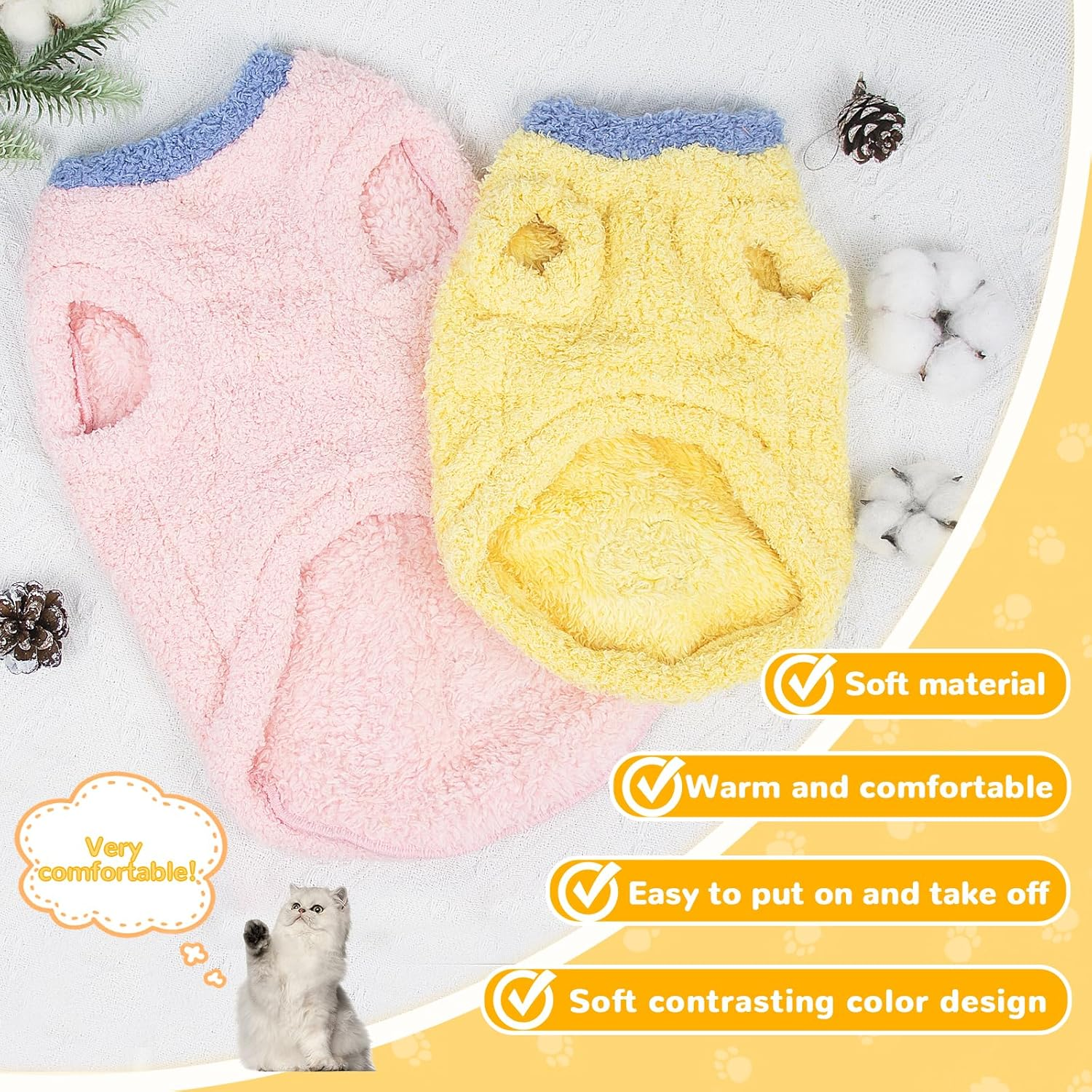 Soft Warm Jumper, Plush Sweatshirt for Small Cat & Dog, Winter Warm Cat & Dog Jumper Sweater, Pet Sweater Vest (Yellow, XS) image number 2