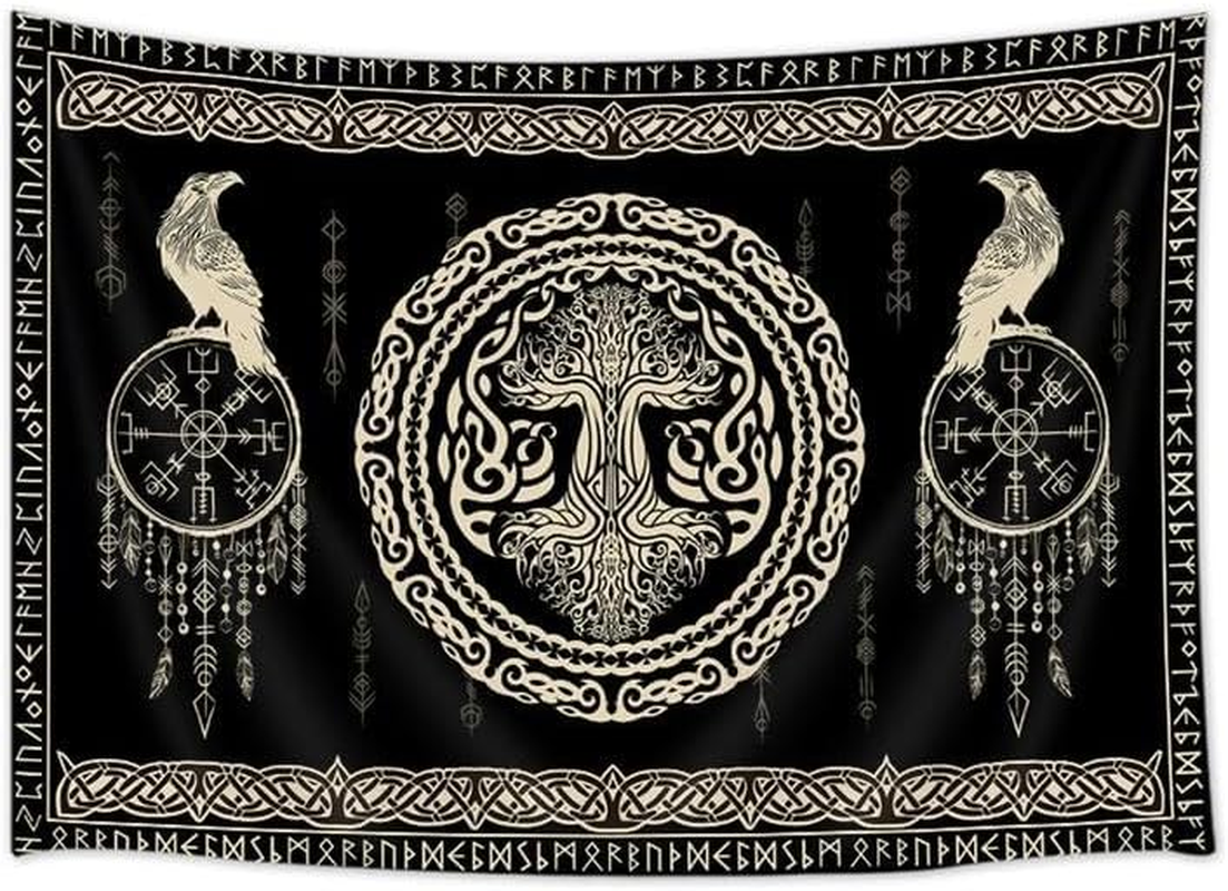 Hajmsug Vikings Tapestry,Black and White Tree Bird of Wisdom Celtic Rune Ancient Rune Totem Norse Mythology Medieval Viking Wall Art,Aesthetic Mythology Tapestry for Bedroom Living Room,60X40 Inch. image number 6