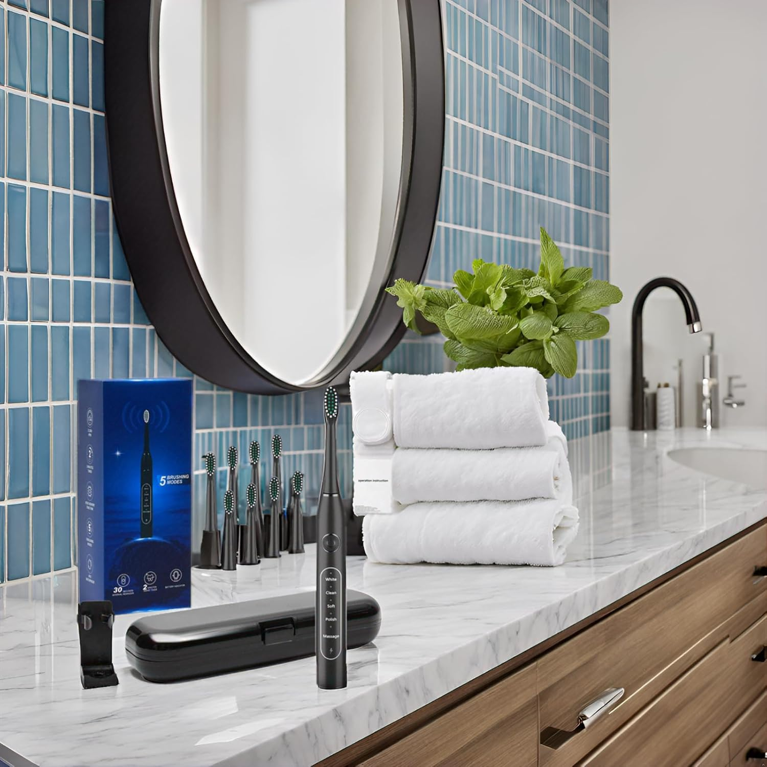 Electric Toothbrush for Adults, Included for Free with 8 Replacement Brush Heads, Travel Bag- 5 Cleaning Modes, IPX7 Waterproof,Rechargeable, with Smart Timer,Black Whitening Powered Toothbrush Set image number 3