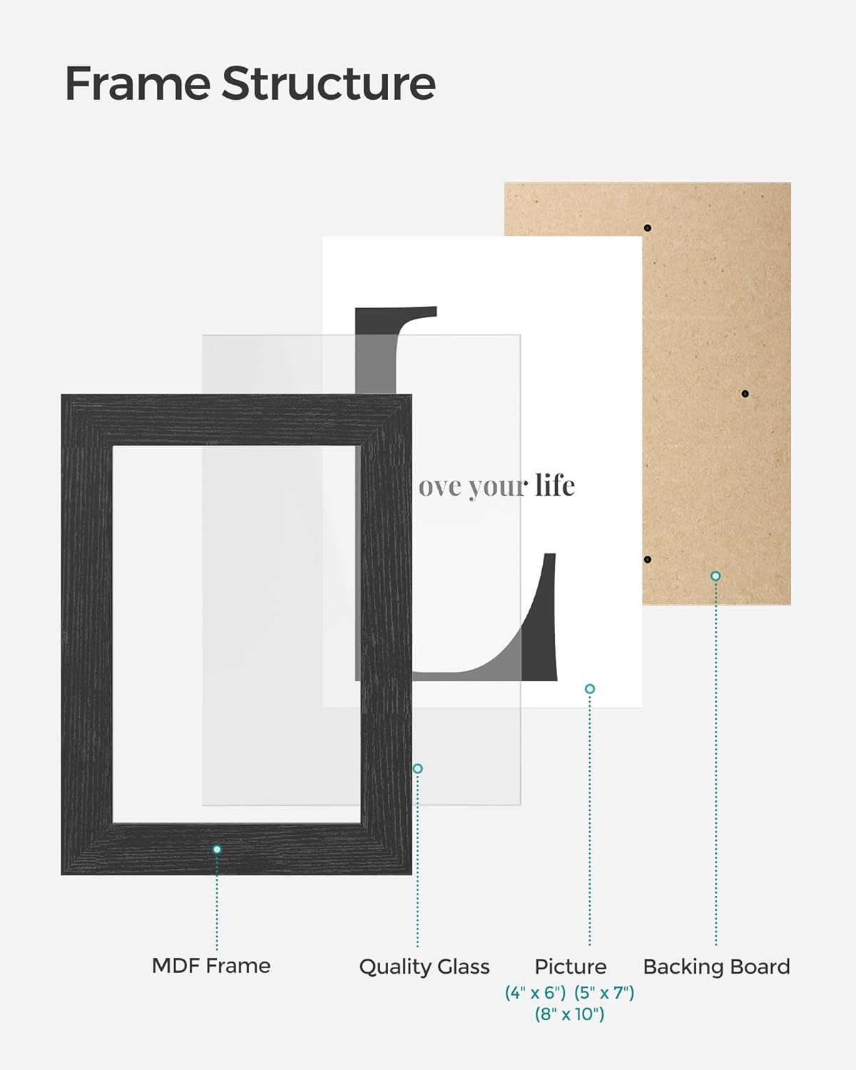 SONGMICS Picture Frames, 10 Pack Collage Picture Frames with Two 8X10, Four 5X7, Four 4X6, Photo Frame Set for Wall Gallery Decor, Hanging or Tabletop Display, Clear Glass Front, Black image number 4