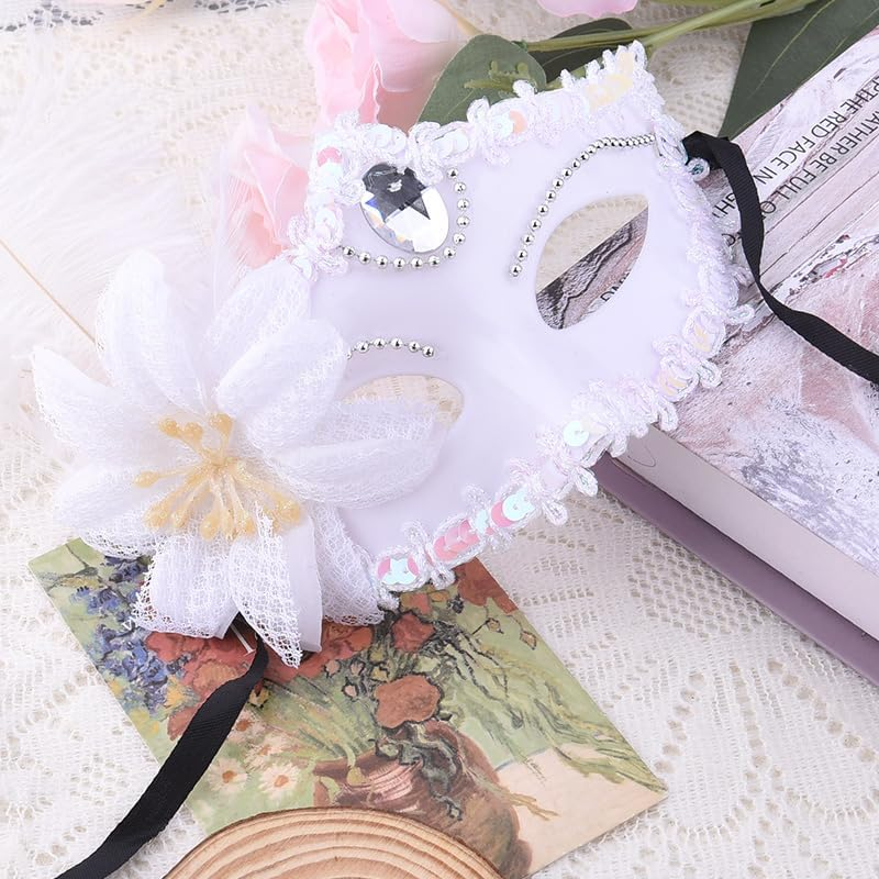 White Masquerade Eye Mask for Women Girls Cosplay Party Decoration Rhinestone Lace Feather Masks for Halloween Costumes Masquerade Accessories image number 3
