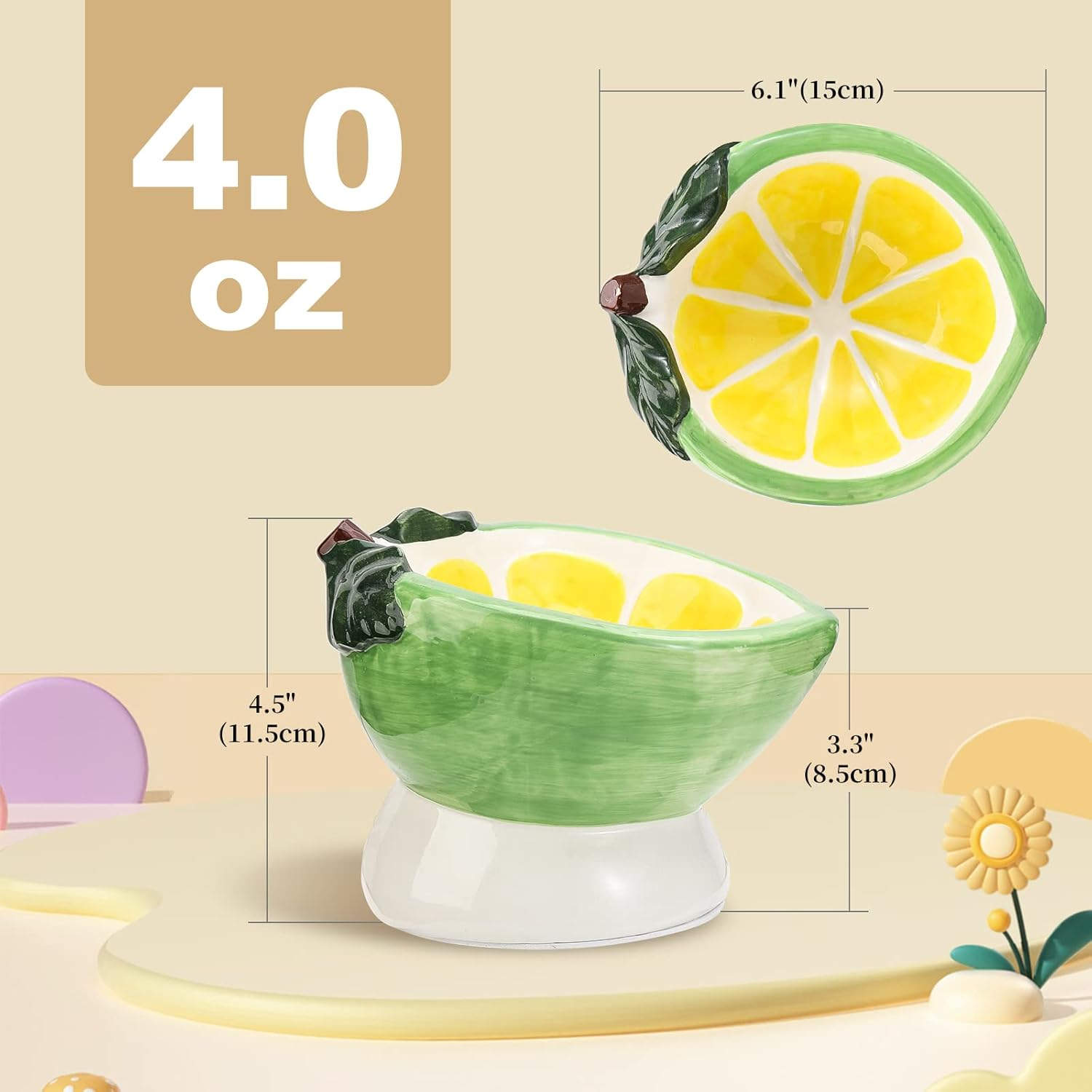 Tilted Elevated Cat Food Bowl - Raised Cat Dish anti Vomiting - Shallow Wide Ceramic Cat Bowl for Whisker Fatigue - Small Cat Feeding Bowls - Tall Cat Bowl - Lemon Shaped Cute Kitten Bowl - 4 Oz image number 5