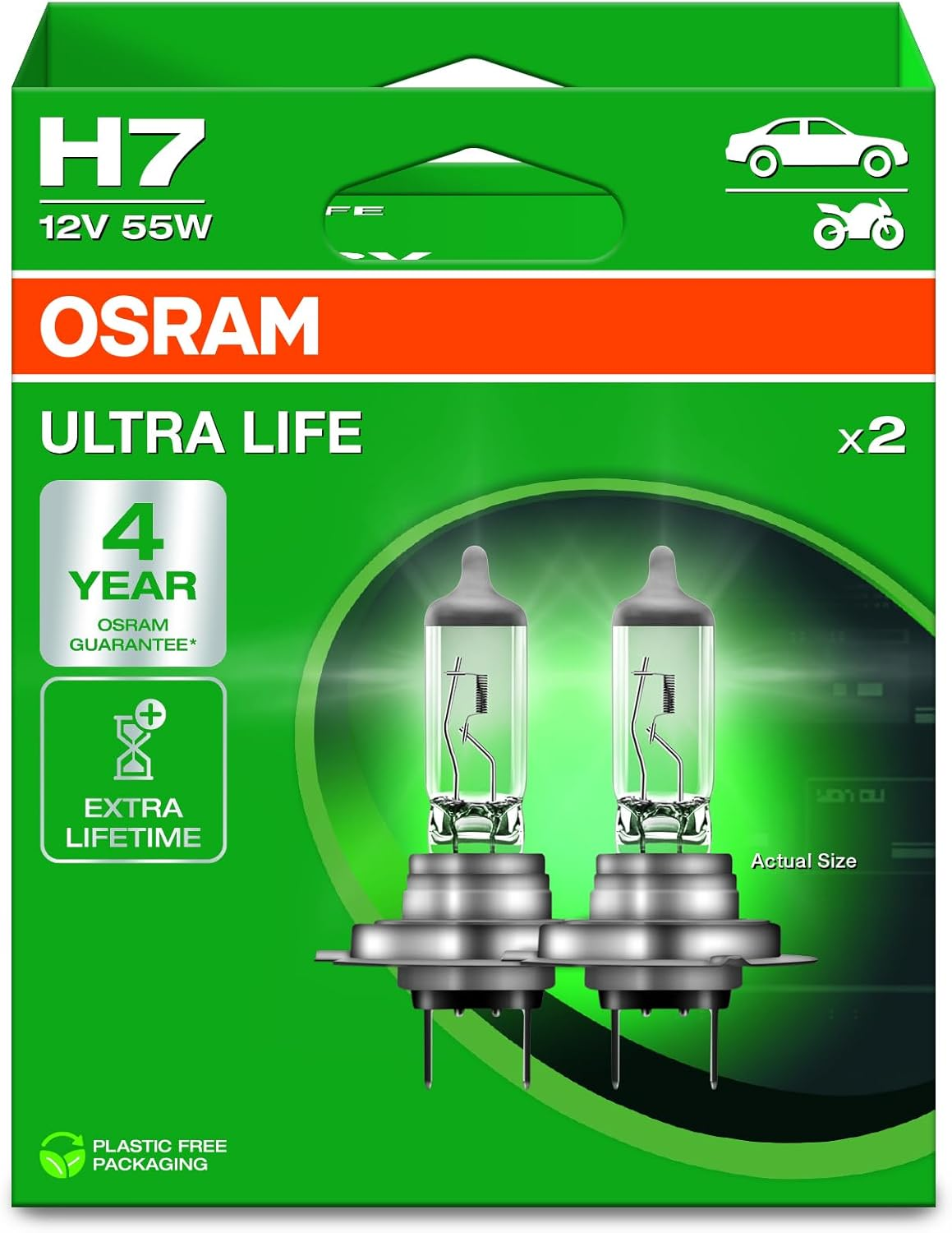 Osram Ultra Life H7 Halogen Headlight Bulb, 64210ULT-2HB, Hanging Box (Pack of 2), White image number 1