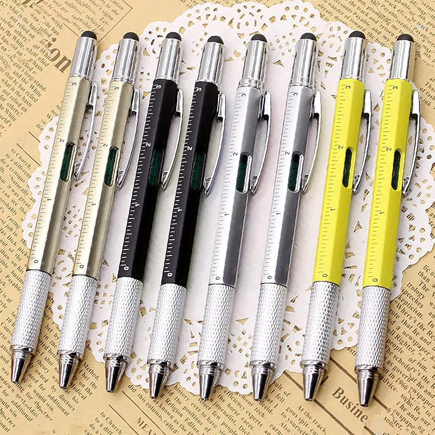 YUENTOEN 8Pcs 6 in 1 Multifunction Pen Tool, Multitool Pen Set with Extra Refills Set, Touch Screen Stylus, Ruler, Levelgauge, Flat Head and Phillips Screwdriver image number 6