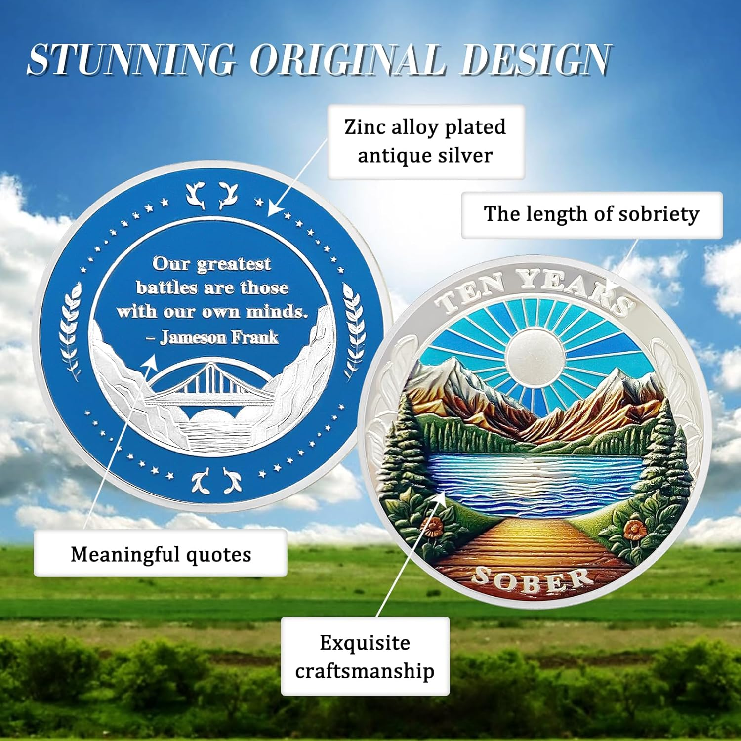 CHURYUML 10 Year AA Coins Ten Year Sobriety Chip Recovery Medallions Alcoholics Anonymous Token Sober Anniversary Gifts for Men and Women Celebrating Sobriety image number 3