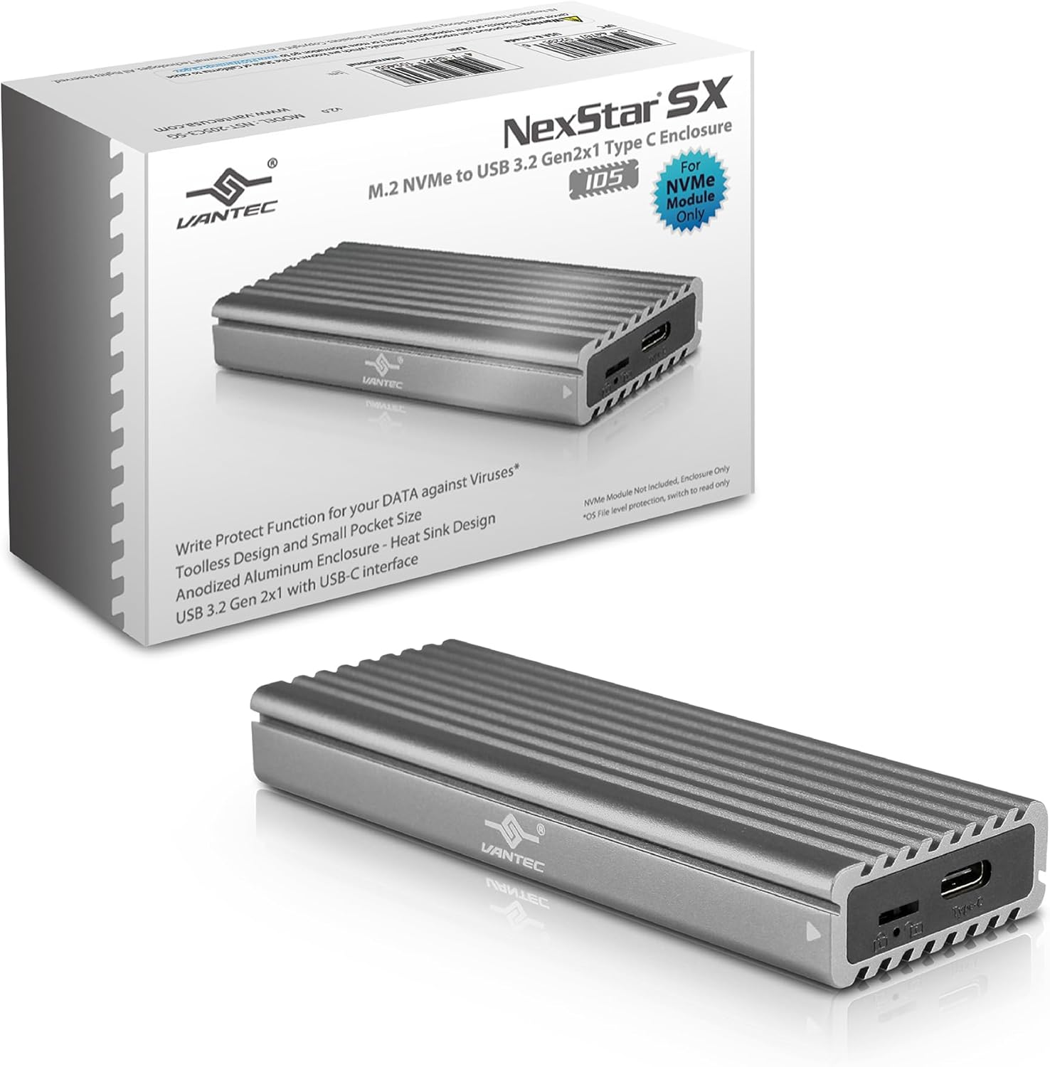 Vantec M.2 Nvme SSD to USB 3.1 Gen 2 Type C Enclosure with C to C Cable, Space Gray Color, ID5 (NST-205C3-SG)