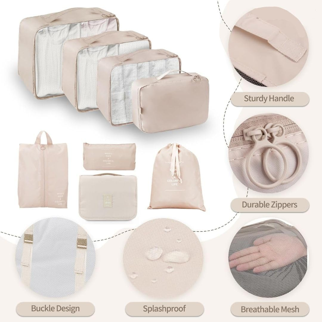 My Corgi Living 8-Piece Cube Travel Luggage Organizer Set - Efficient Luggage Separators & Travel Storage Cubes with Toiletry Makeup Bag, Shoe Bag - Perfect for Families, Men & Women (Beige) image number 2
