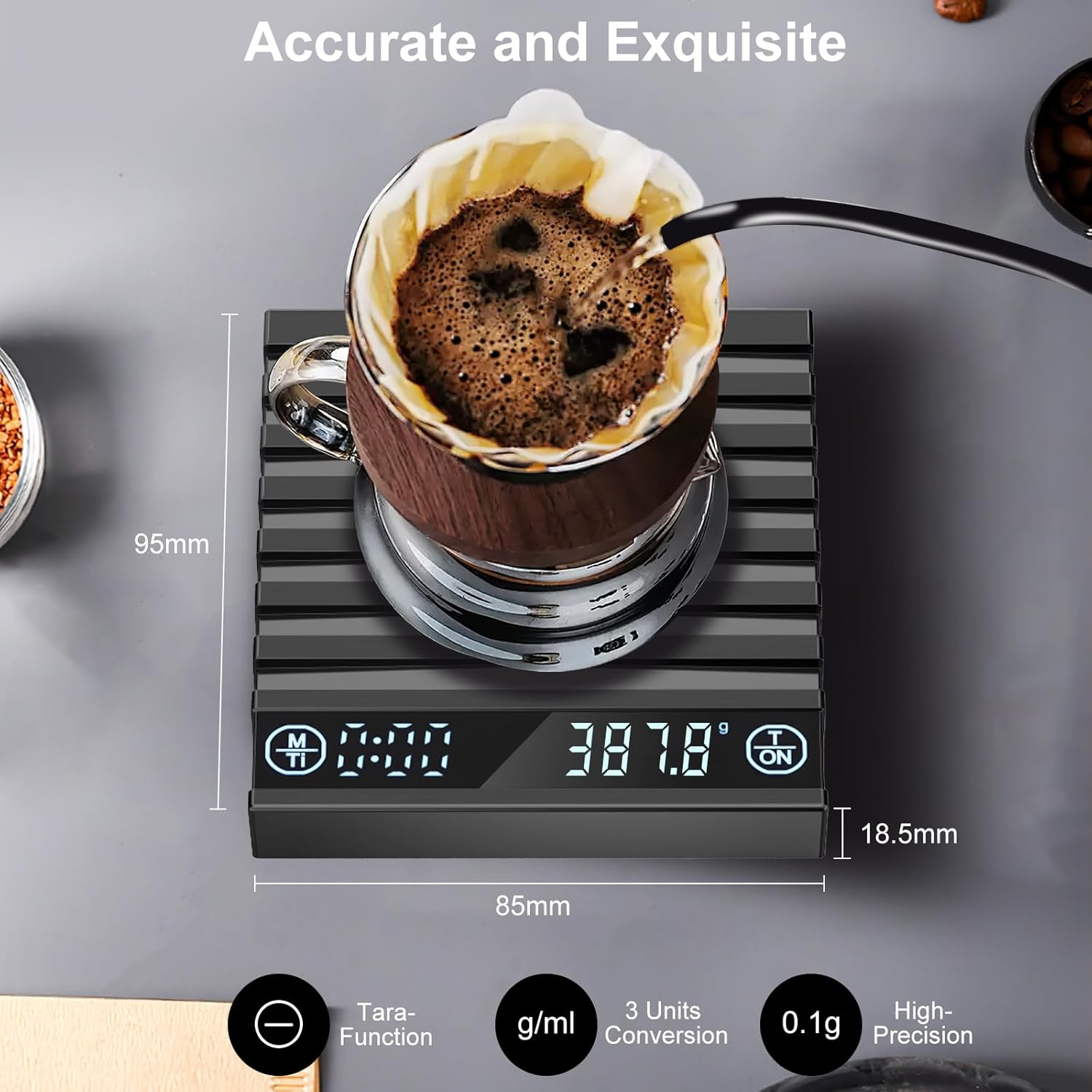 HUAJUN Coffee Scale with Timer, 2Kg/0.1G High Precision Kitchen Scale for Espresso and Pour-Over Coffee, Rechargeable Digital Kitchen Food Scale with Auto Tare, Touch Sensor and Brew Ratio Display image number 3