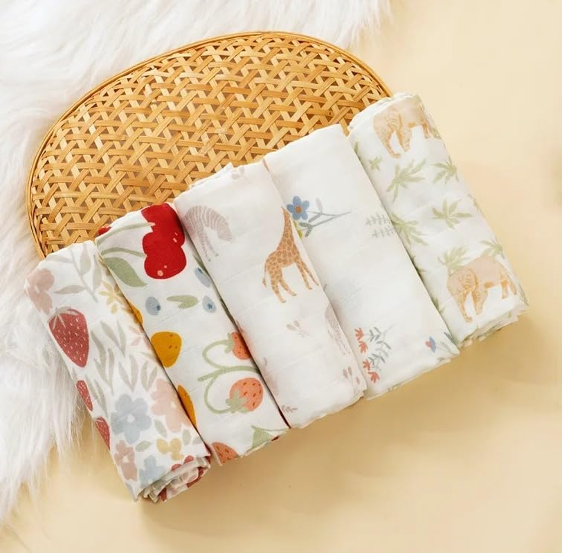 Hemasa 60X60Cm Muslin Square Towels Set for Baby-5Pcs Soft Bamboo Cotton Gauze Wipes for Face and Bath Newborn Bibs (Color 7)