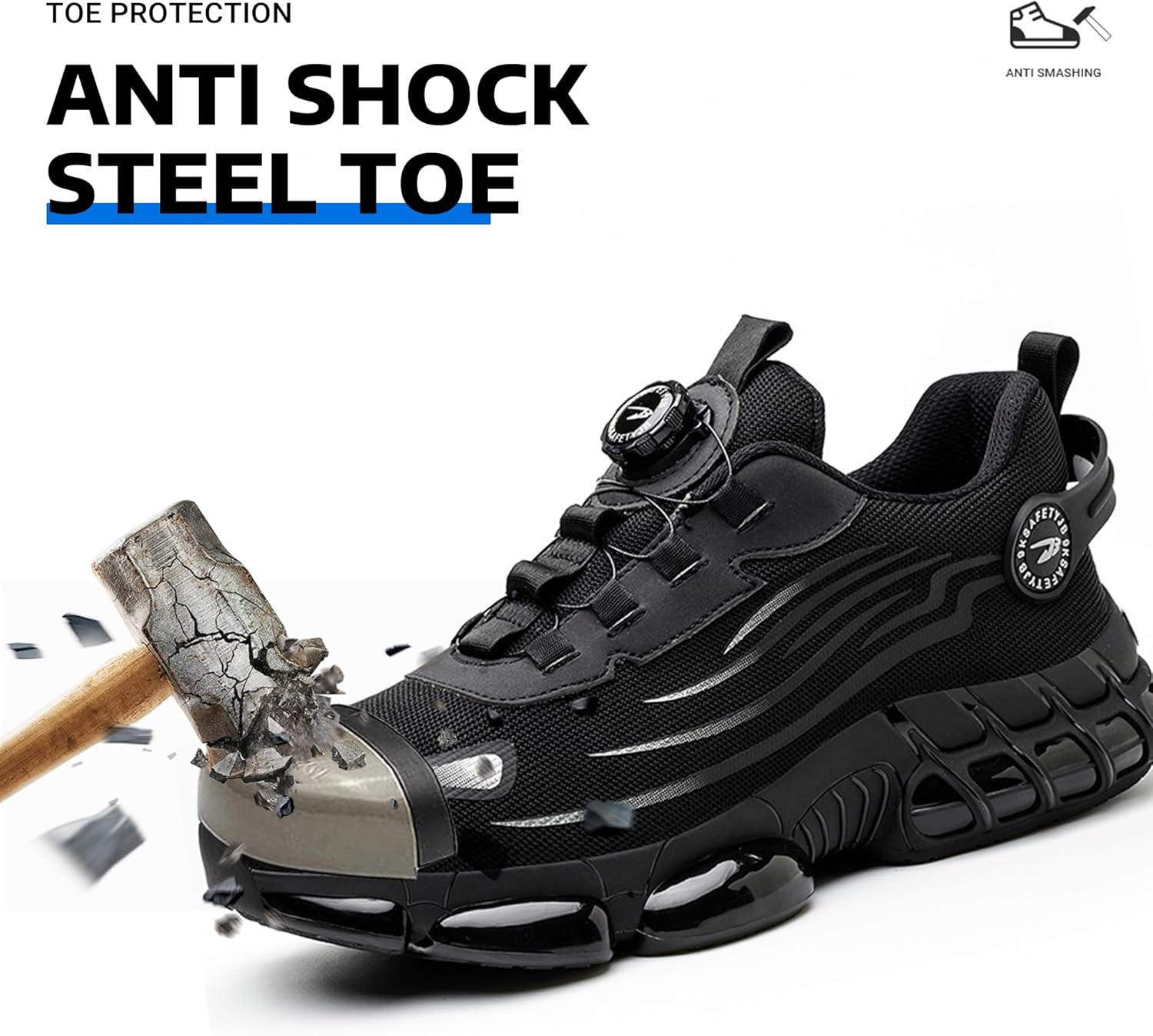 USOR Steel Toe Shoes for Men Women Non Slip Work Shoes Rotating Button Shoelaces Indestructible Steel Toe Sneakers Lightweight Air Cushion Composite Toe Safety Shoes