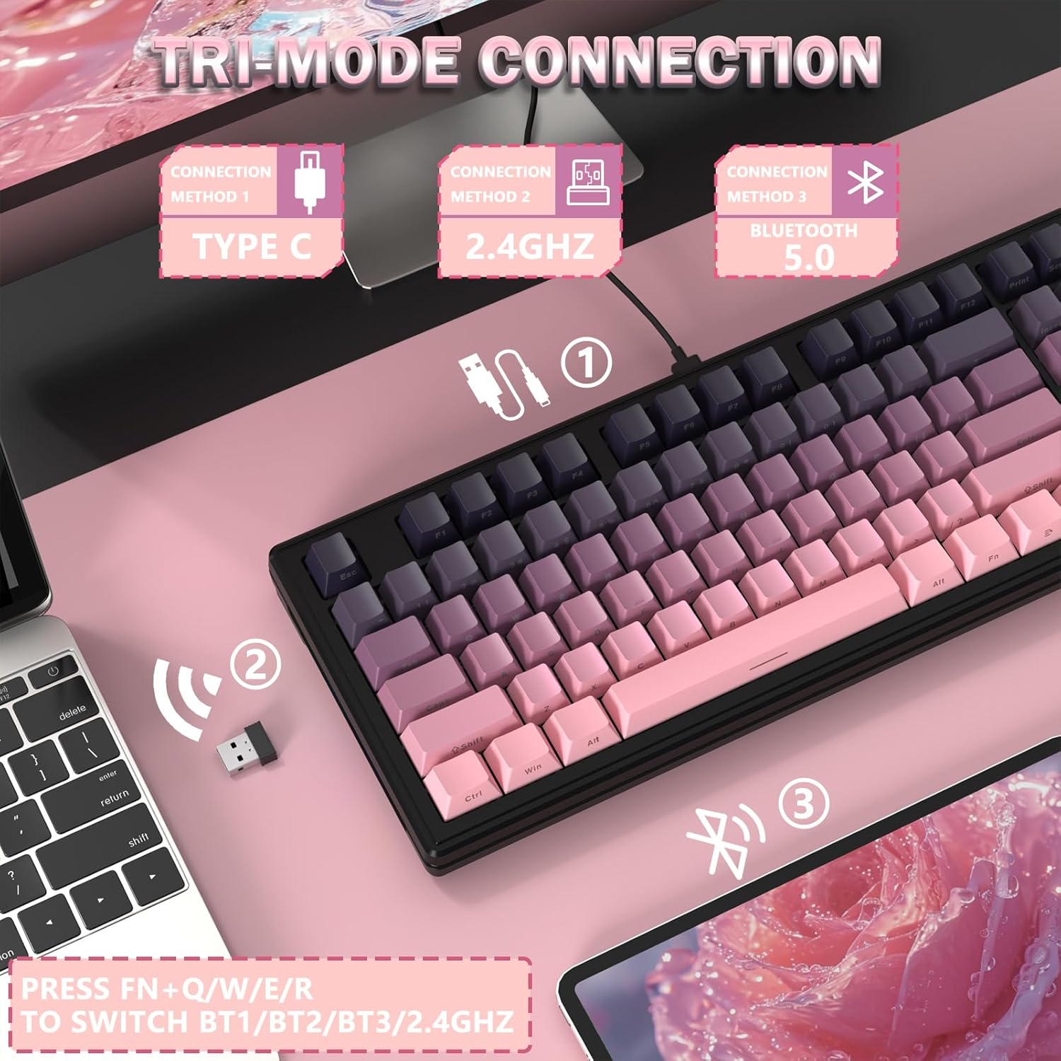 ATTACK SHARK TKL Wireless Mechanical Gaming Keyboard, Bluetooth 5.0/2.4G/USB-C Wired Hot Swap RGB Keyboard 80%, Linear White Switches Gradient Side Print PBT Keycaps for PC Mac - Burr image number 3