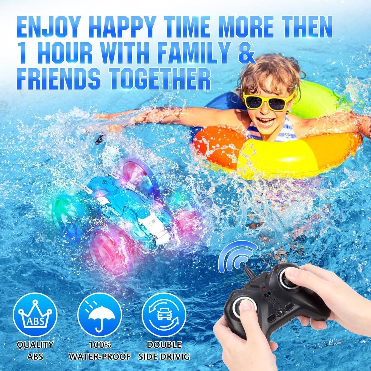 Toys for 4-8-12 Year Old Boys Amphibious Remote Control Car Boat with LED Lights 4WD RC Car for Kids 2.4Ghz All Terrain Off-Road RC Stunt Car, Waterproof Pool Beach RC Vehicle Toy for Boys Girls-Blue image number 3
