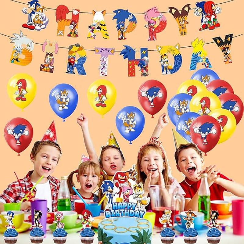 Sonic Hedgehog Birthday Decoration Set - Party Supplies with Balloons, Cake Topper, and Banner image number 2