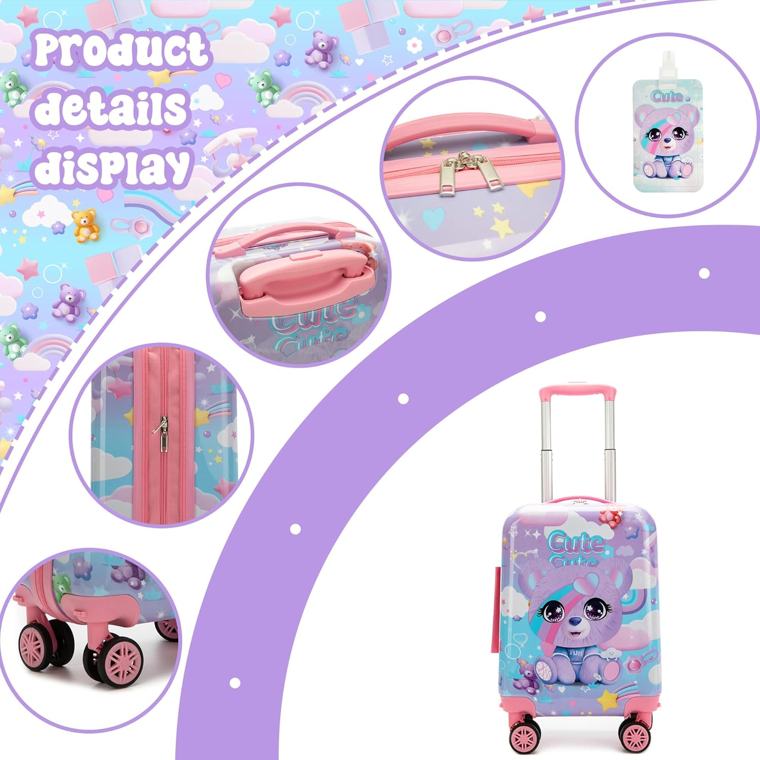 Homskiii Kid'S Luggage Set 5 Piece Suitcase Set 16" Hardside Luggage with Spinner Wheels Girls Boys Carry on Rolling Suitcase, a Bear, 16Inch - A Cat image number 3
