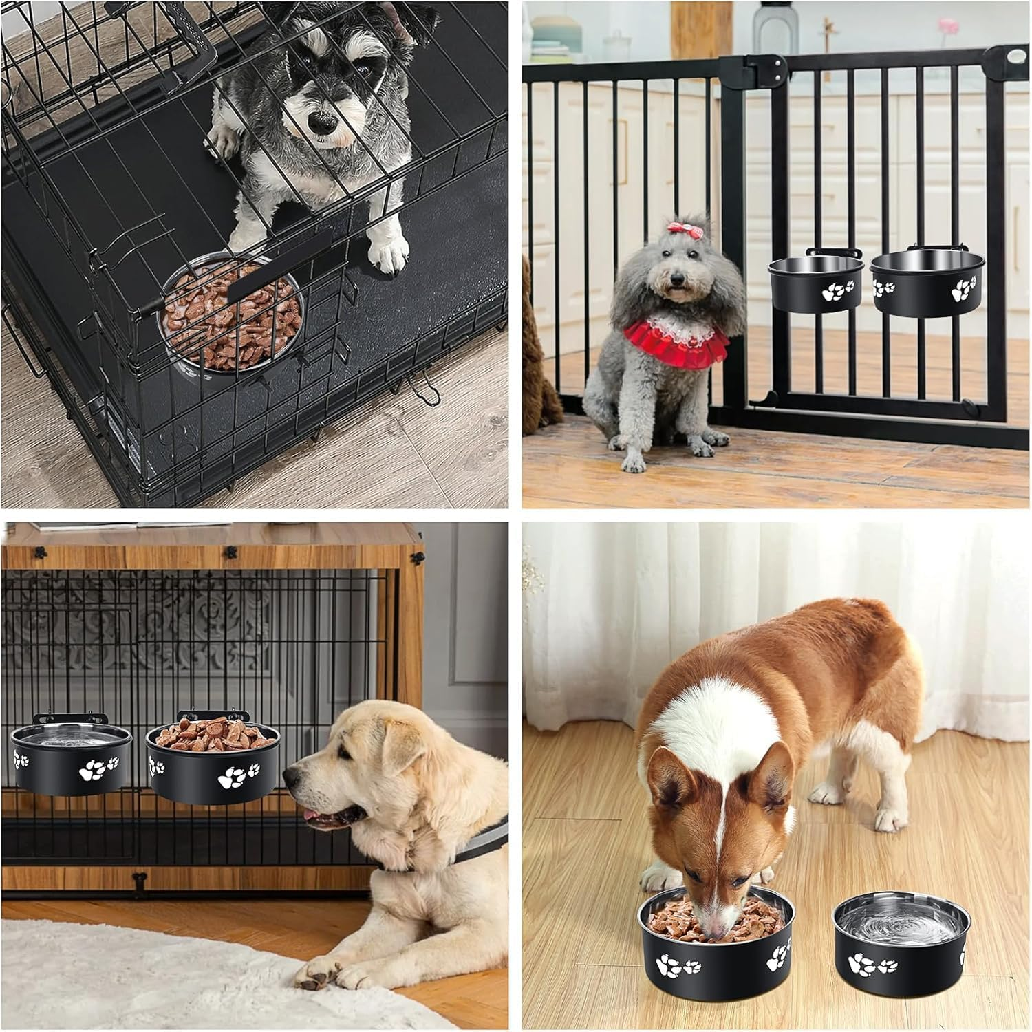 Dog Crate Water Bowl No Spill, PRENDIEEN 2 Pack Stainless Steel Water Bowl for Dog Crate, Hanging Dog Bowls for Kennel Crate Cage Medium Large Dogs Cats (16 * 6Cm & 18 * 6.5Cm) (Black) image number 2