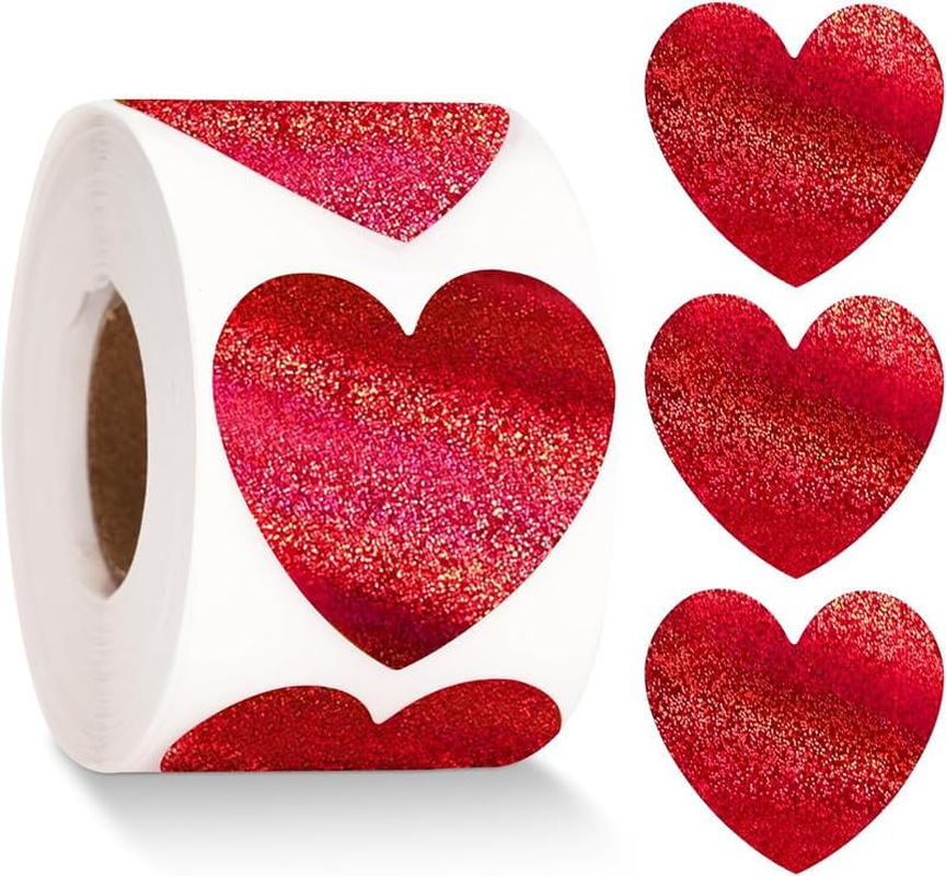Glitter Red Heart Stickers, 500Pcs Roll, Red Glitter Heart Stickers, Waterproof, Easy to Use, Cute Foil Stickers, Multi-Purpose Gift Stickers image number 1