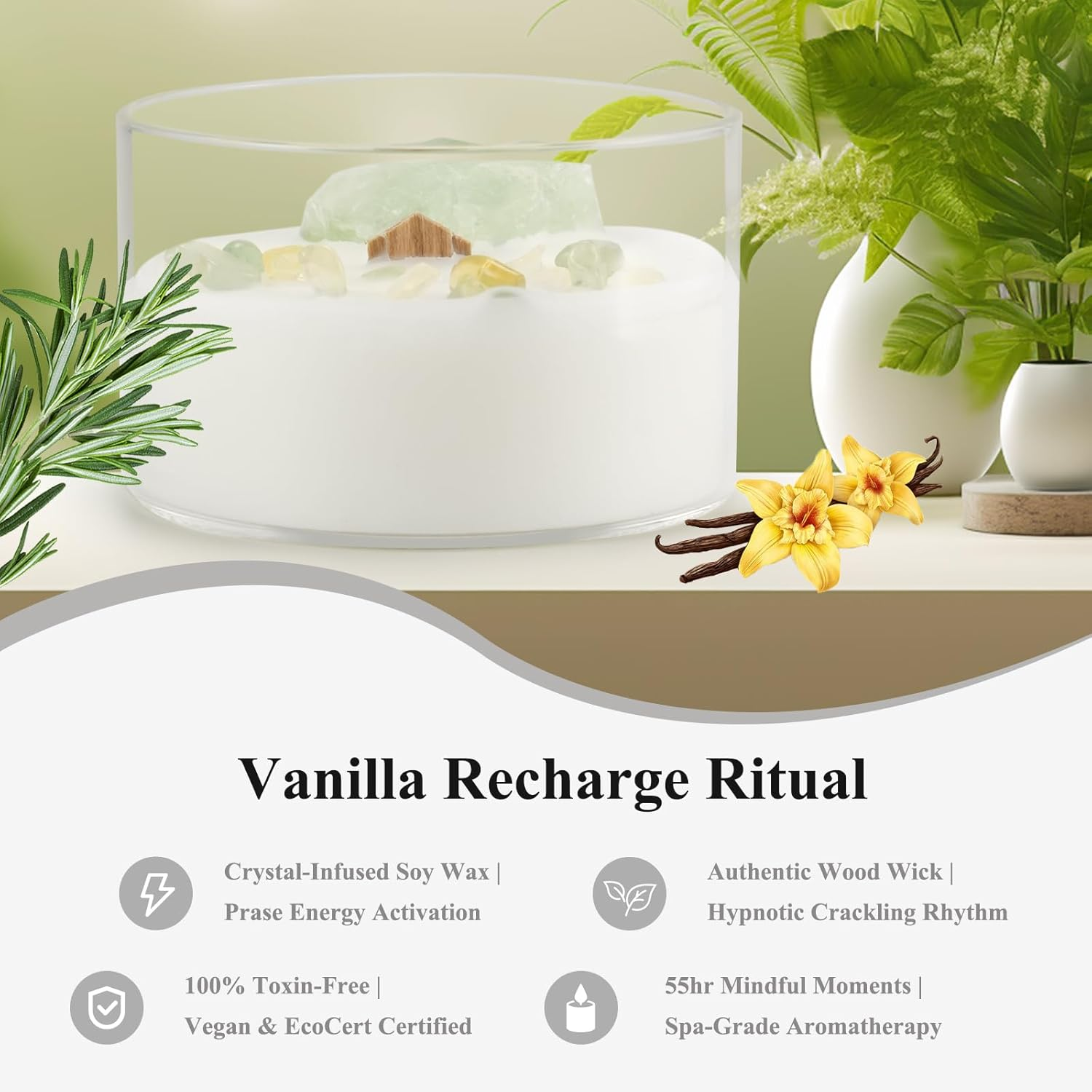 Vanilla Scented Candle with Real Healing Crystals & Wood Wick, 55-Hour Soy Wax Candle for Aromatherapy, Women, Mum, Birthday Gifts, Home Decor image number 1