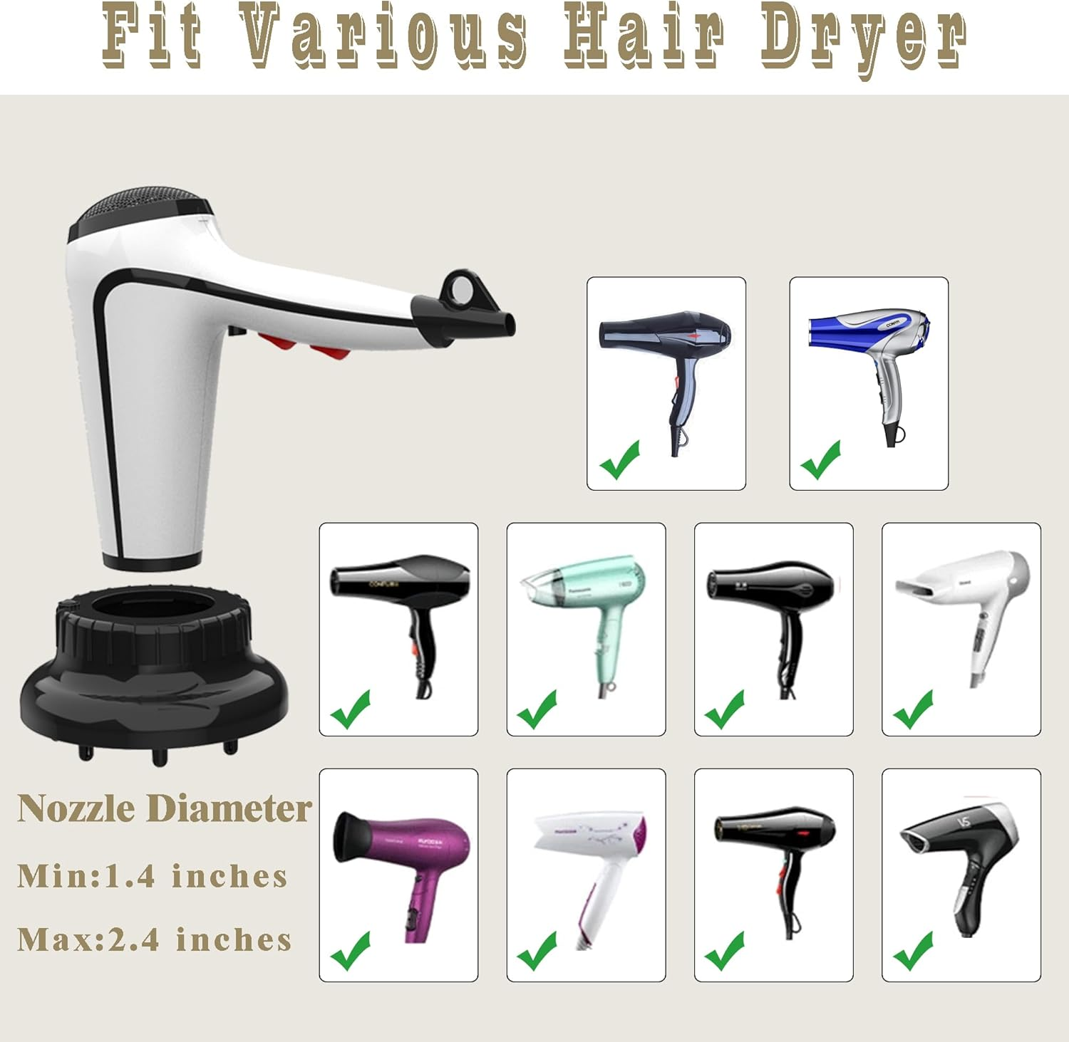 WPESI Diffuser Attachment for Hair Dryer,Hair Dryer Diffuser, Hair Diffuser Adaptable for Blow Dryers with D-1.4-Inch to 2.4-Inch for Curly or Wavy Hair,(Black)