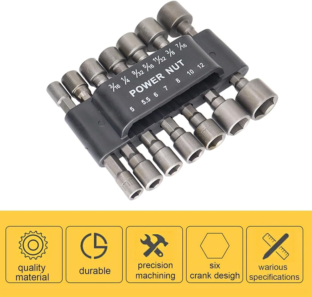 AIMALL 14-Piece Power Nut Driver Drill Bit Set, Metric Socket Wrench Screw Tools, Durable Chrome Vanadium Steel, Quick-Change Hex Shank