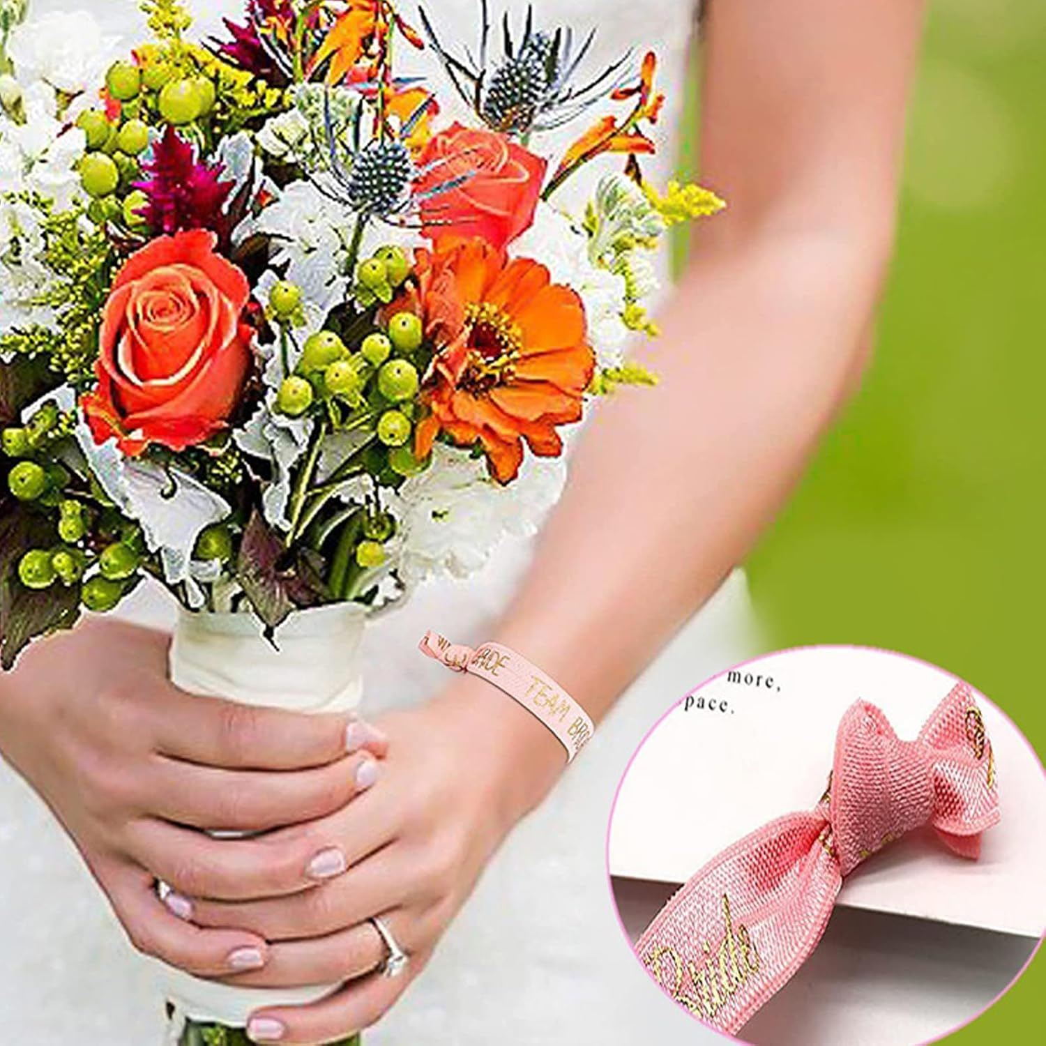 Lopsity 11PCS Bride Hair Ties Bridesmaids Hen Party Wrist Band Hair Ties Bachelorette Party Favors Wristbands Bracelets Bride and Team Bride Hair Tie (PINK+WHIE) image number 2