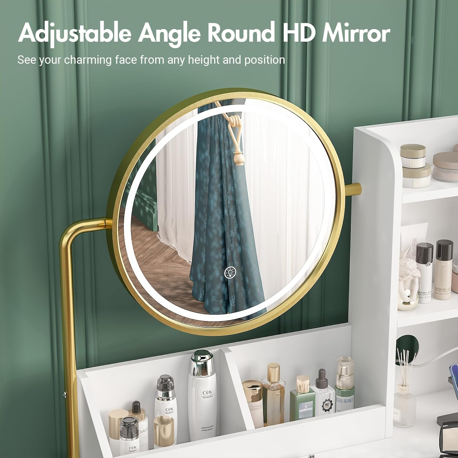 Ufurniture Makeup Vanity Desk Stool Set with LED Light and Charging Station, Dressing Table with 360&deg;Rotating Mirror, Drawers Trays and Shelves Storage for Bedroom, Metal Frame (White Golden) - White Golden image number 2