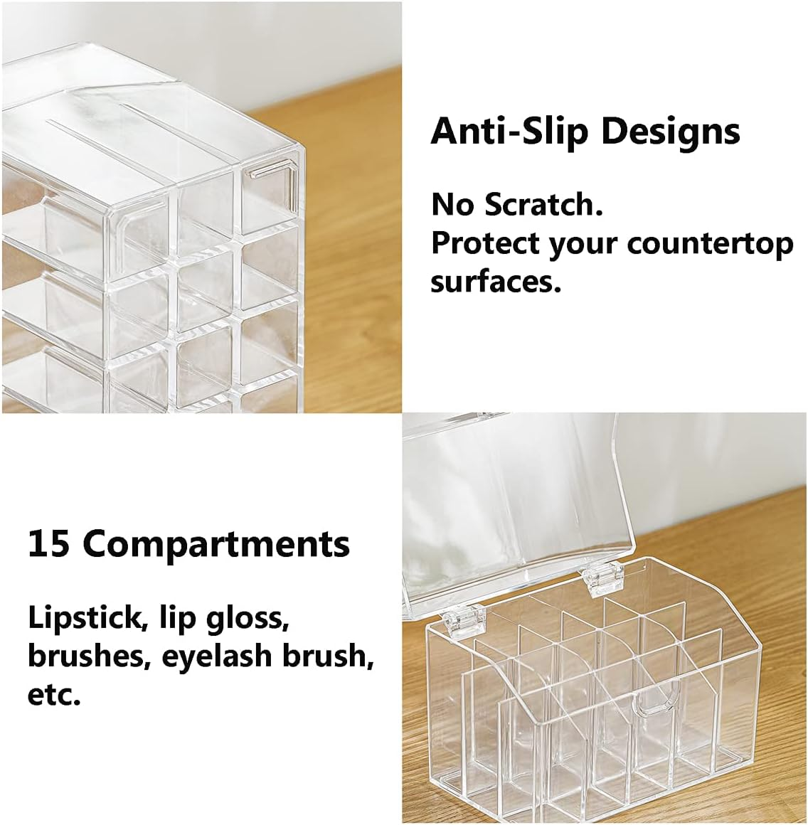 MORNITE Cosmetic Organizer Storage, Lipstick Organizer with Lid, Dustproof Waterproof Lipsticks Dresser Holder Box Case Countertop Makeup Tray, Clear image number 2