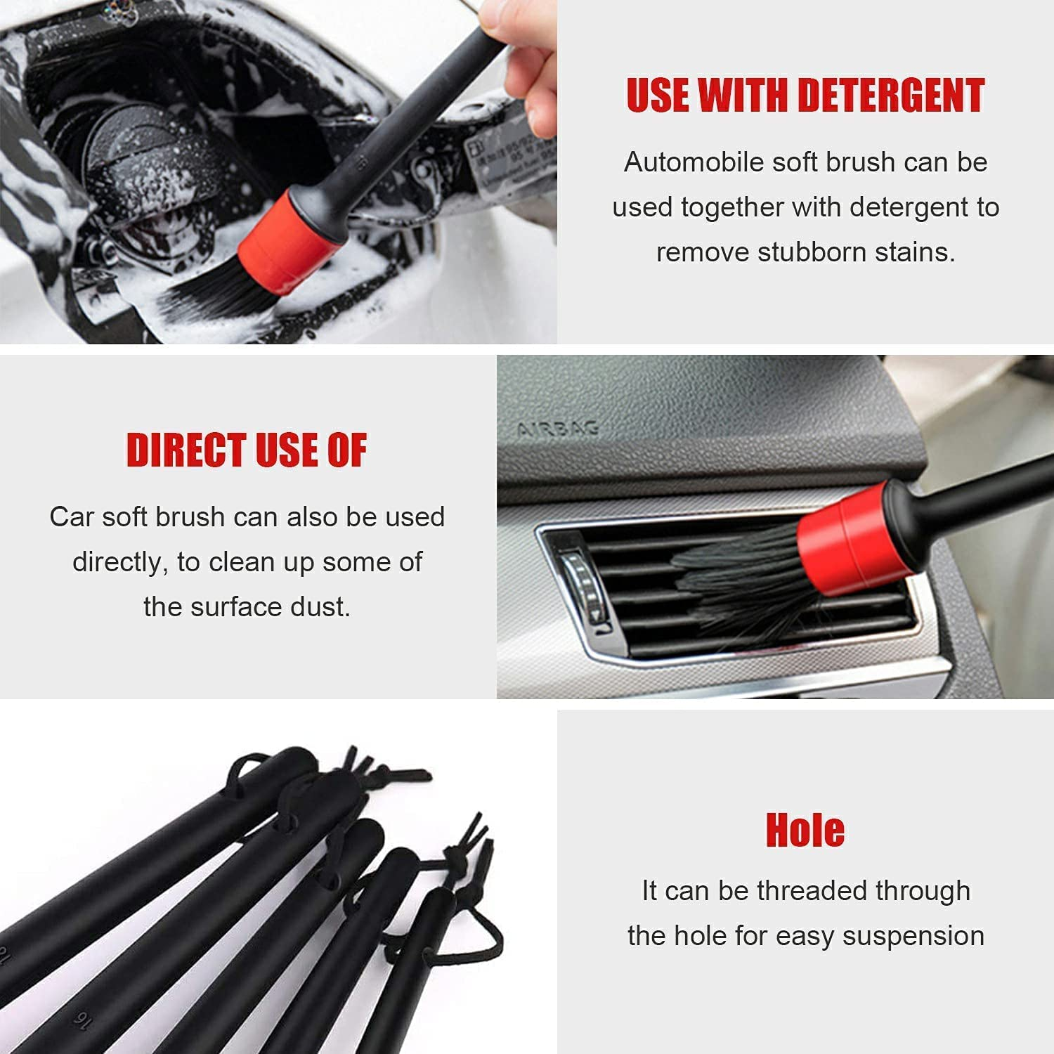 Car Detailing Brush Auto Detailing Brush, 5Packs Premium Car Detail Brush,Car Interior Cleaning Kit, Automotive Wheels Cleaner Emblems Brushes for Air Vents Interior Exterior Leather, Red image number 3