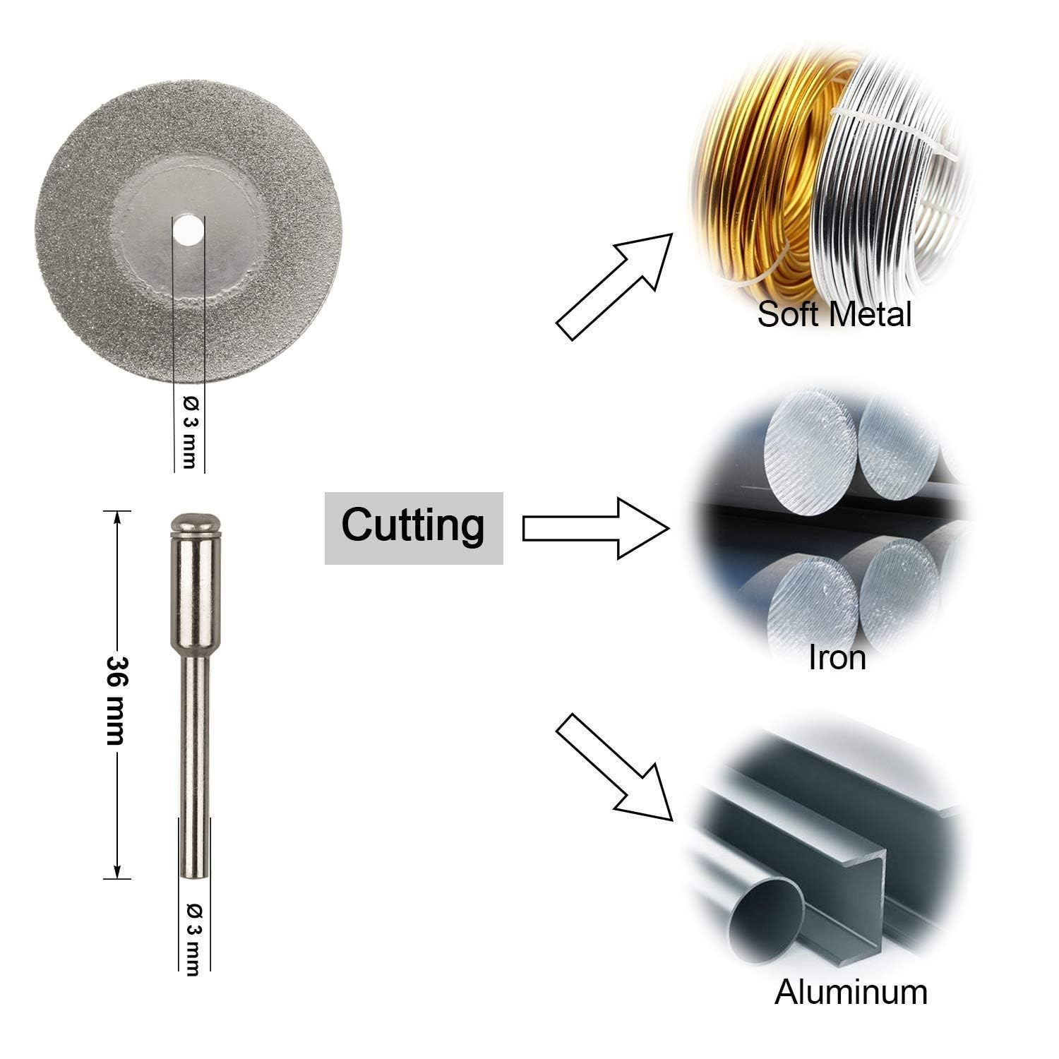 Yakamoz 10Pcs Assorted Small Diamond Cutting Wheel with Mandrel Cutoff Disc Blades Rotary Cutter Tool Kit for Metal Stone Tile, 16Mm - 60Mm Cutting Dia. image number 3