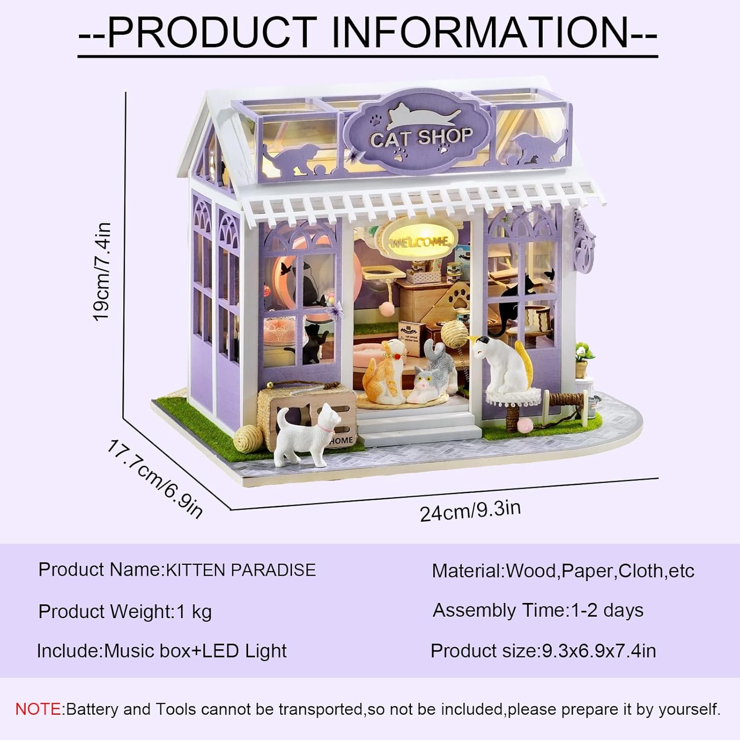 CUTEROOM DIY Miniature Cat Shop Dollhouse Kit with LED Lights&Music Box, Purple and White, Includes Furniture and Accessories Best Gifts for Aldult (Kitten Paradise) - Kitten Paradise image number 2