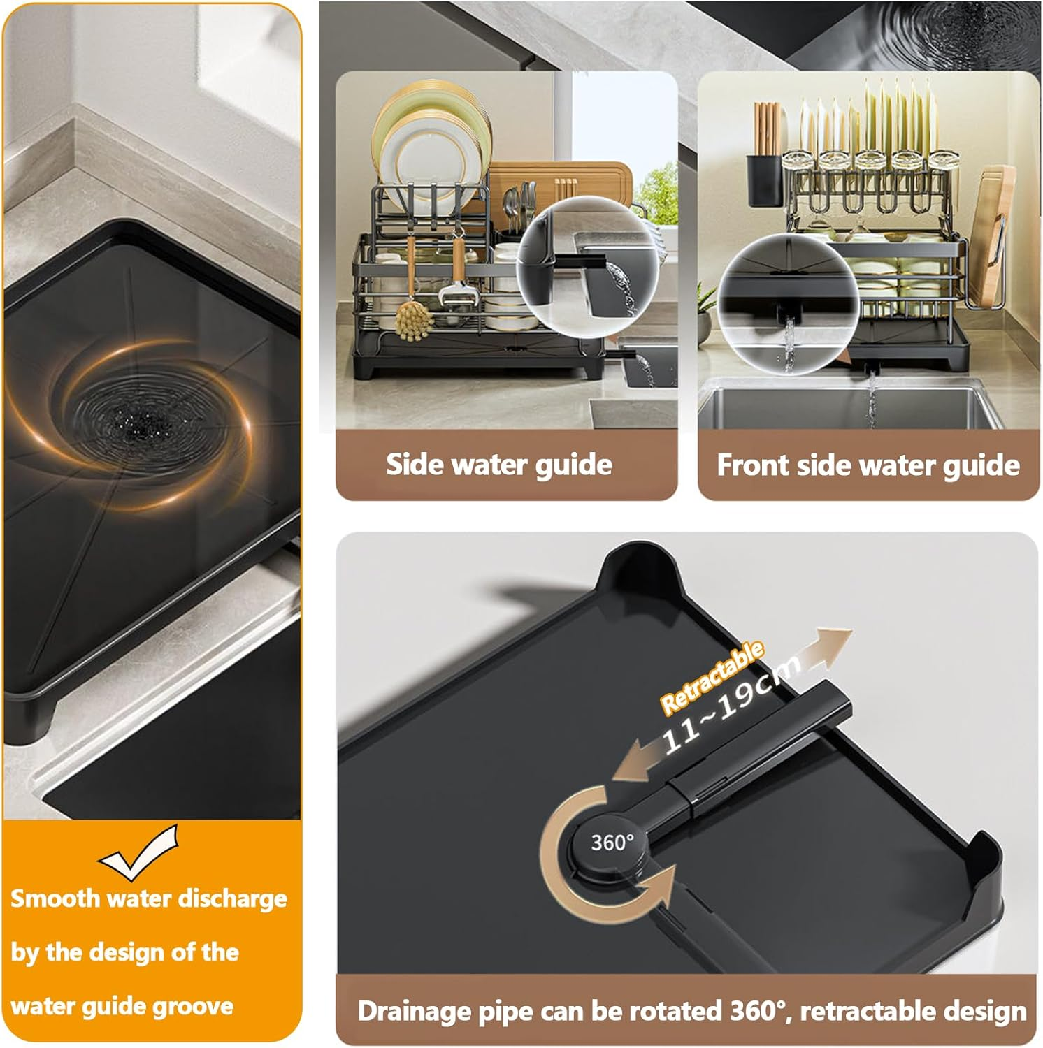 Dish Drying Rack, Kitchen Storage & Organisation - over Sink Dish Drainer with 360&deg; Rotating Drain Board, Cup Holder, Chopping Board Stand, Utensils Holder, Strong Carbon Steel Plate Rack image number 5