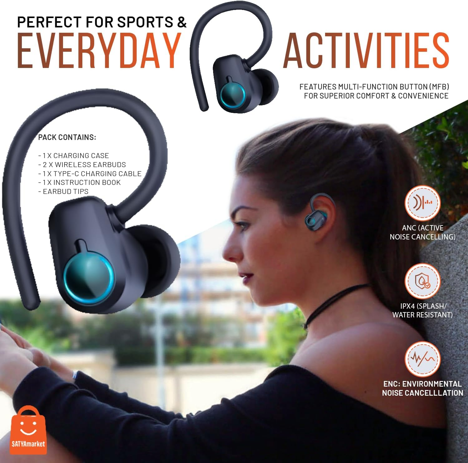 Satyamarket HE-059 Wireless Earbuds | Bluetooth 5.3 Sport TWS with Earhooks, Dual LED Display, Deep Bass Stereo Noise Cancelling, Works with Iphone, Android, and Bluetooth Devices - Black image number 4