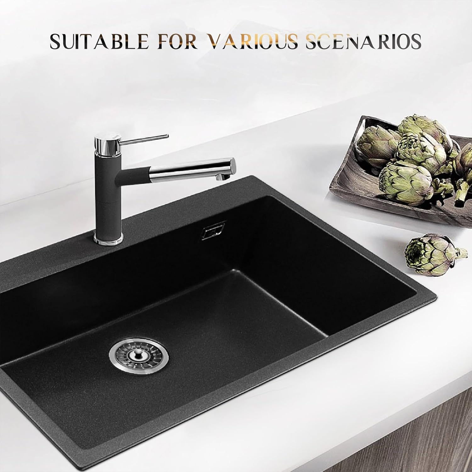 2 Pack Kitchen Sink Plug and Strainer,304 Stainless Sink Strainer Plug(Thickened Version),For Kitchen or Bath Shower Basin Tray Prevent Blocked Drains and an Unpleasant Odor in the Kitchen-Black 78Mm