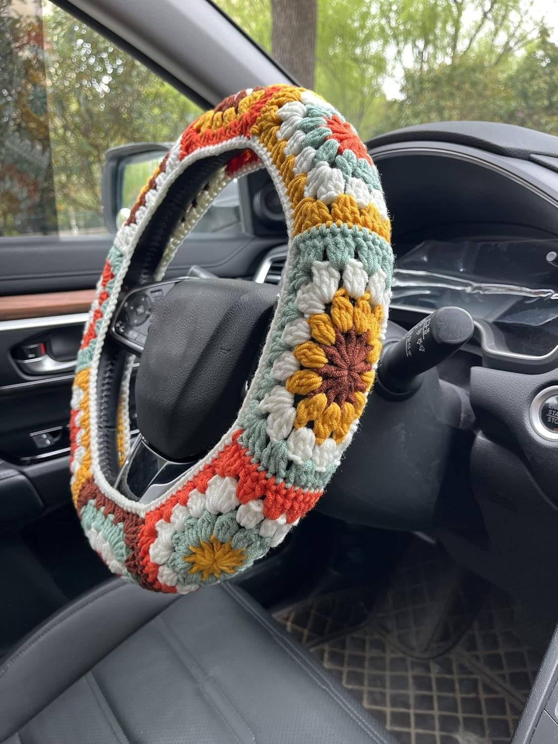 Steering Wheel Cover,Handmade Crochet Rainbow Sunflower Square Steering Wheel Covers image number 3