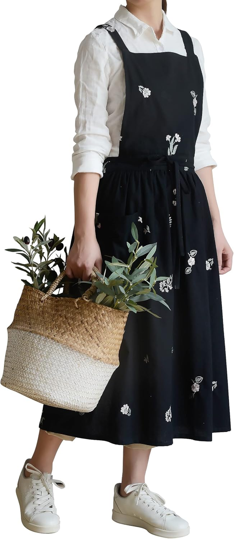 Japanese Cotton Linen Apron Adjustable for Women with Pockets, Fashion Pinafore Dress for Cooking Painting Gardening