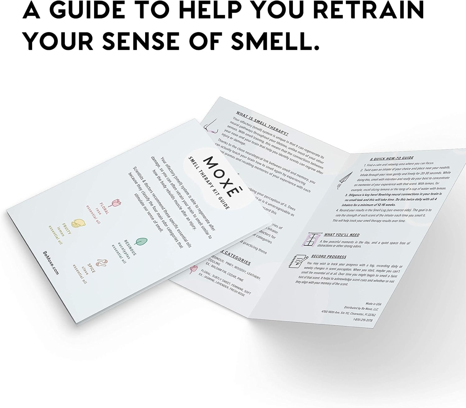 MOXĒ Smell Training Kit, 4 Essential Oils, Olfactory Regeneration, Helps Restore Sense of Smell, Natural Therapy for Smell Loss, Lemon, Rose, Clove, Eucalyptus, Guidebook, Personal Log