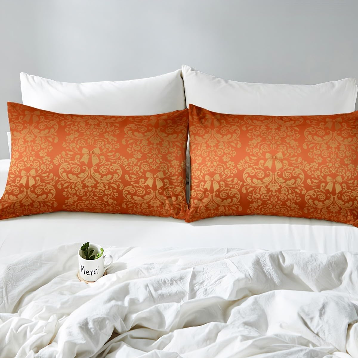 Homewish Red Orange Bow Knot Duvet Cover Set Antique Victorian Damask Comforter Cover, Bowknot 135 X 200 Cm Bed Linen Set, Vintage Floral Gothic Bed Set Exotic Flowers Bohemian Decor image number 3