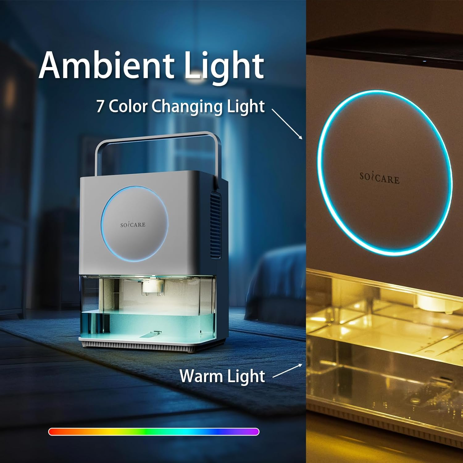 SOICARE 108 OZ (3.2L) Home Dehumidifier, Small Portable Room Dehumidifier for Bedroom Bathroom Basement RV Closet with HEPA Filter/Ambient Lights/Timer/Auto Off/Defrosting Function, White