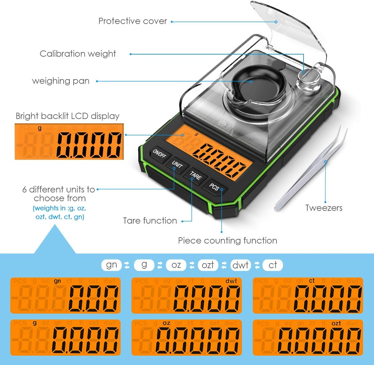 Digital Milligram Scale, 50G Portable Mini Scale, 0.001G Precise Graduation, Professional Pocket Scale with 50G Calibration Weights Tweezers (Batteries Included) - Orange image number 2