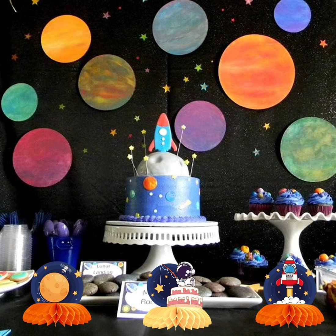 Outer Space Themed Honeycomb Centerpiece 9 PCS Outer Space Party Decorations Birthday Party Table Toppers Double Sided Table Decorations Planet Rocket Astronaut Solar System Party Supplies image number 6